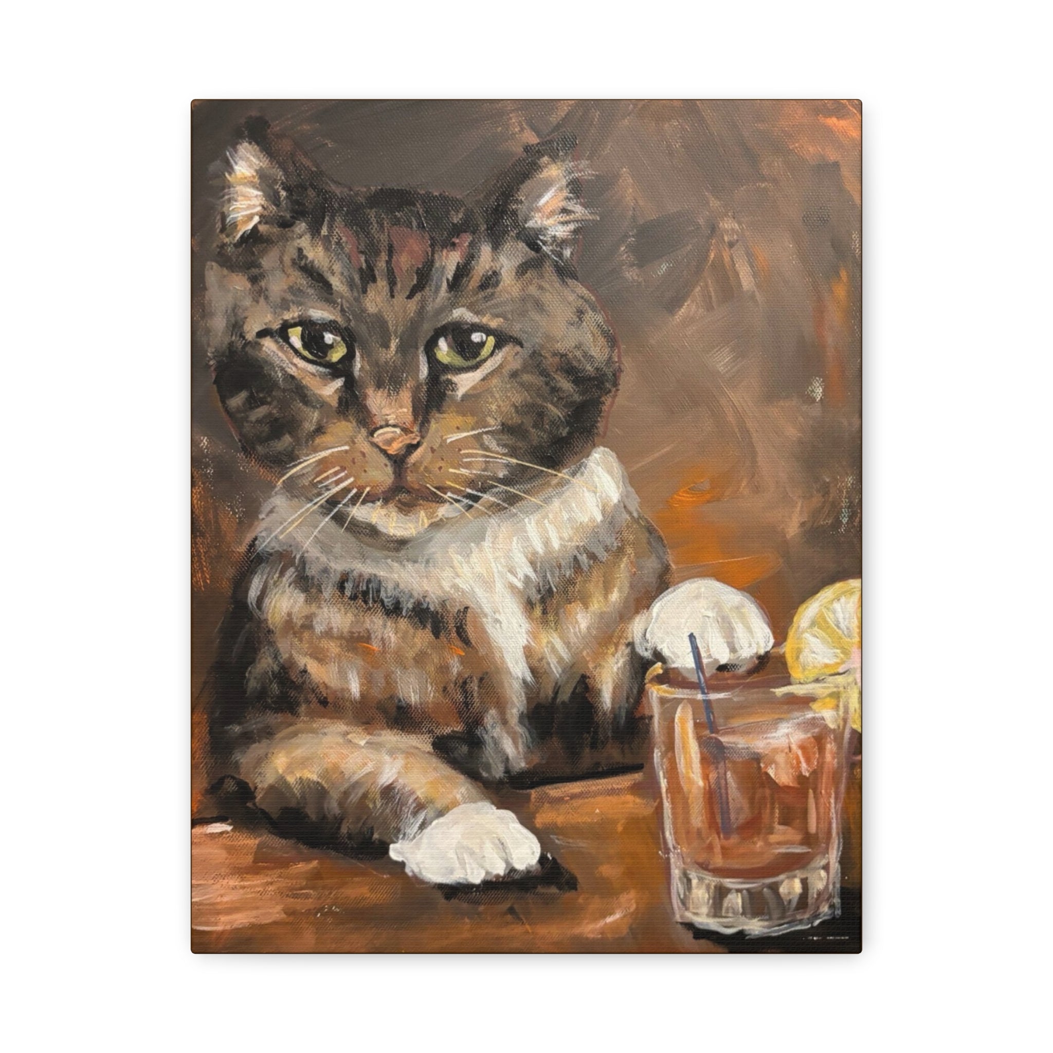 Whiskey Cat Canvas Print — Vintage Tabby Painting on Stretched Matte Canvas