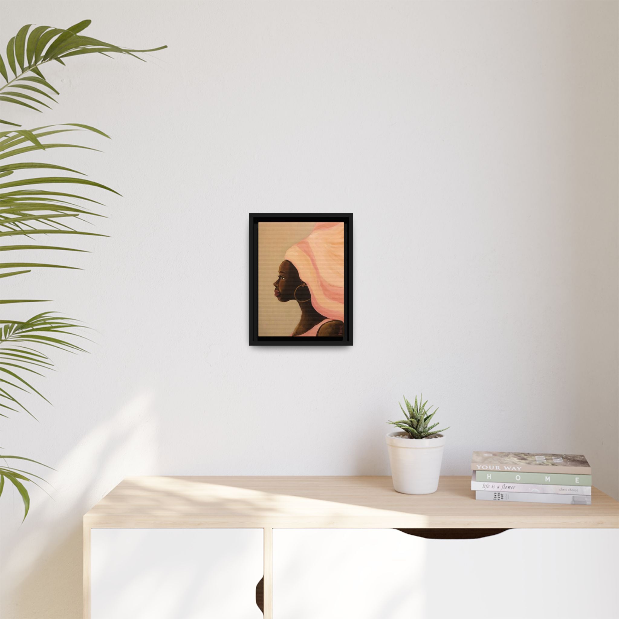 Framed Matte Canvas Art – Elegant African Woman Portrait (Pink Headwrap)