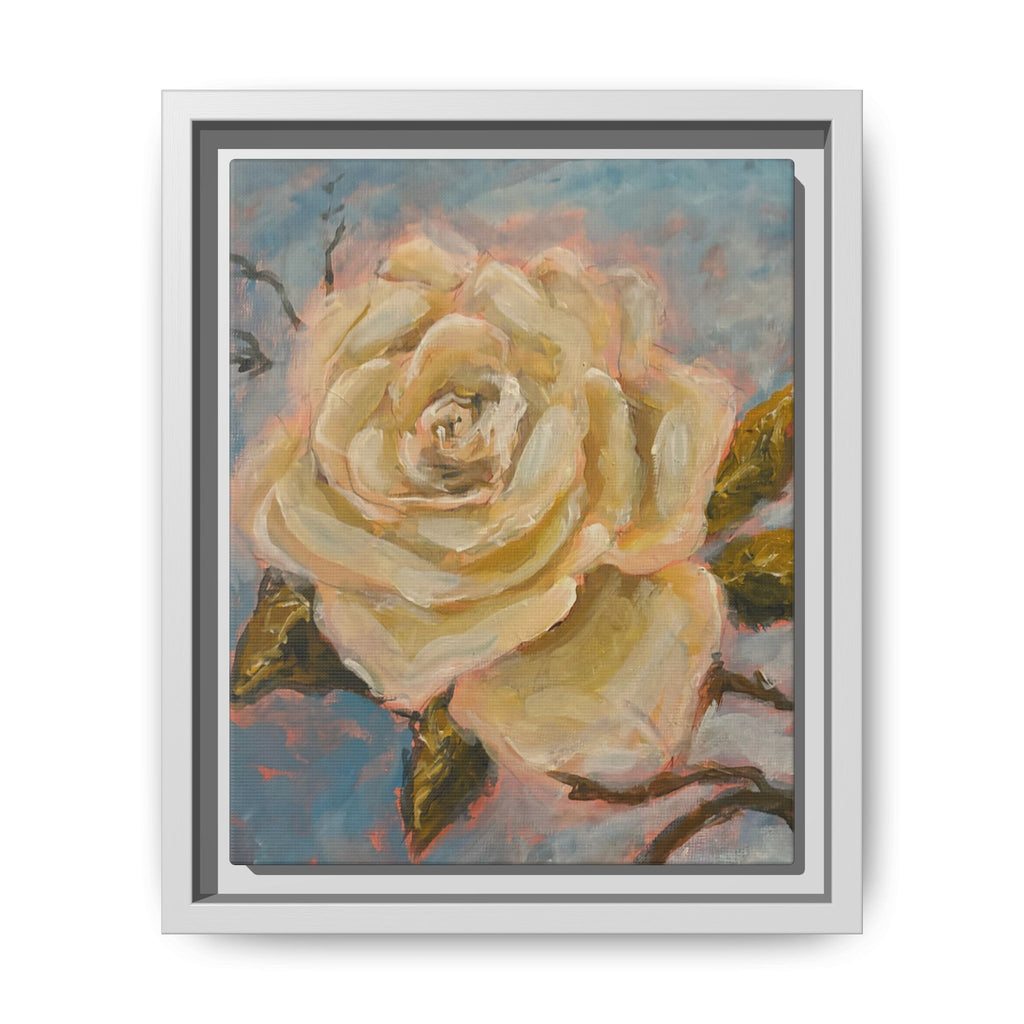 Warm White Rose Framed Matte Canvas - Vintage Rose Floral Wall Art