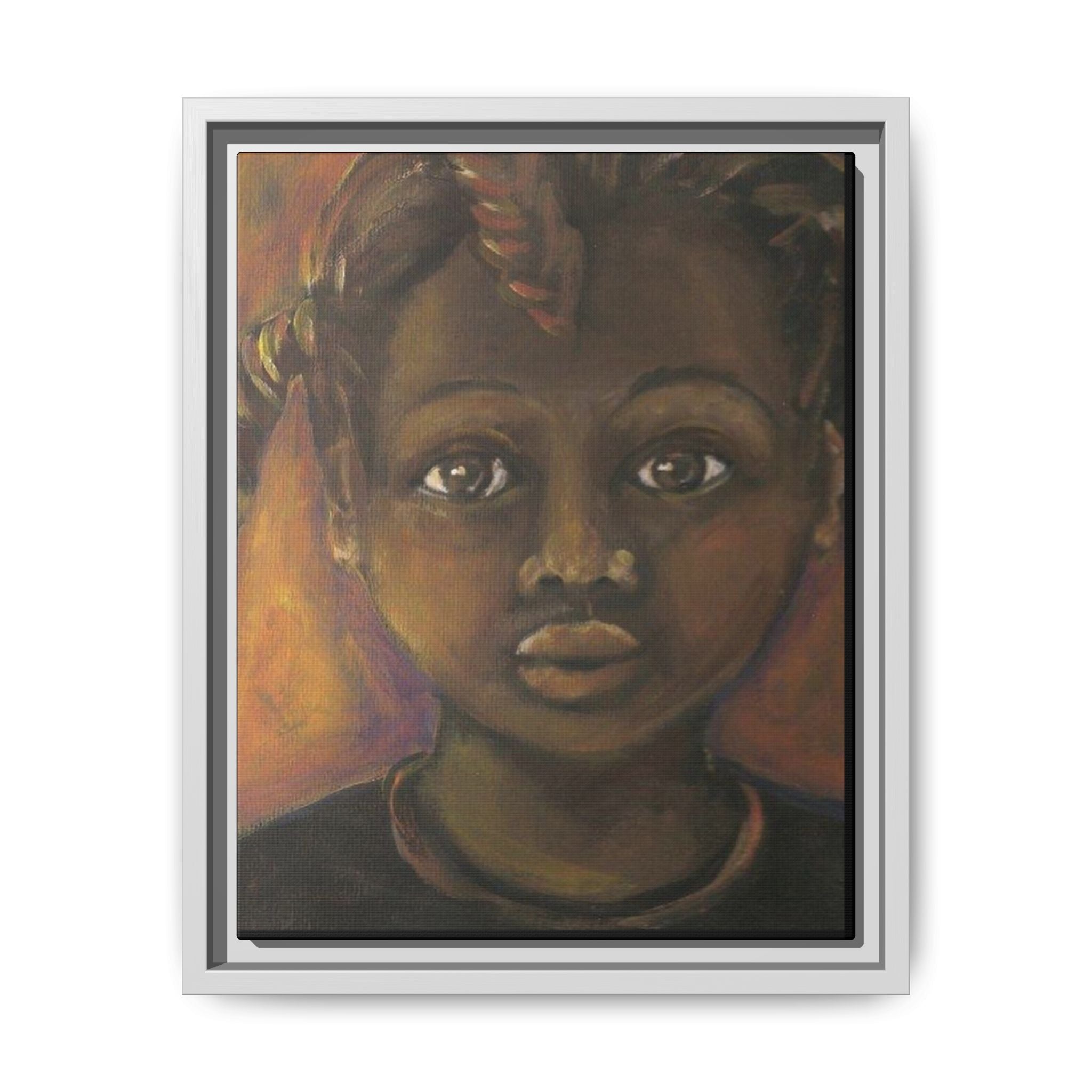 Framed Matte Canvas Portrait – African American Child Wall Art, Warm Earthtone Nursery Décor
