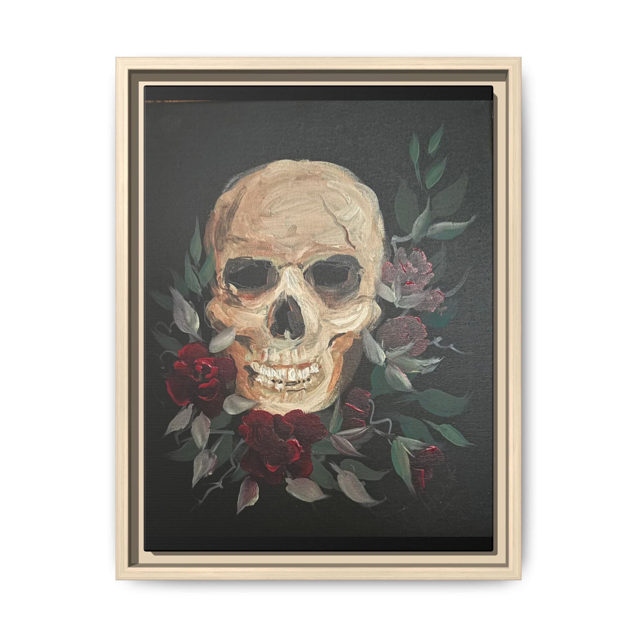 Framed Matte Canvas Skull & Roses Wall Art — Dark Gothic Home Decor