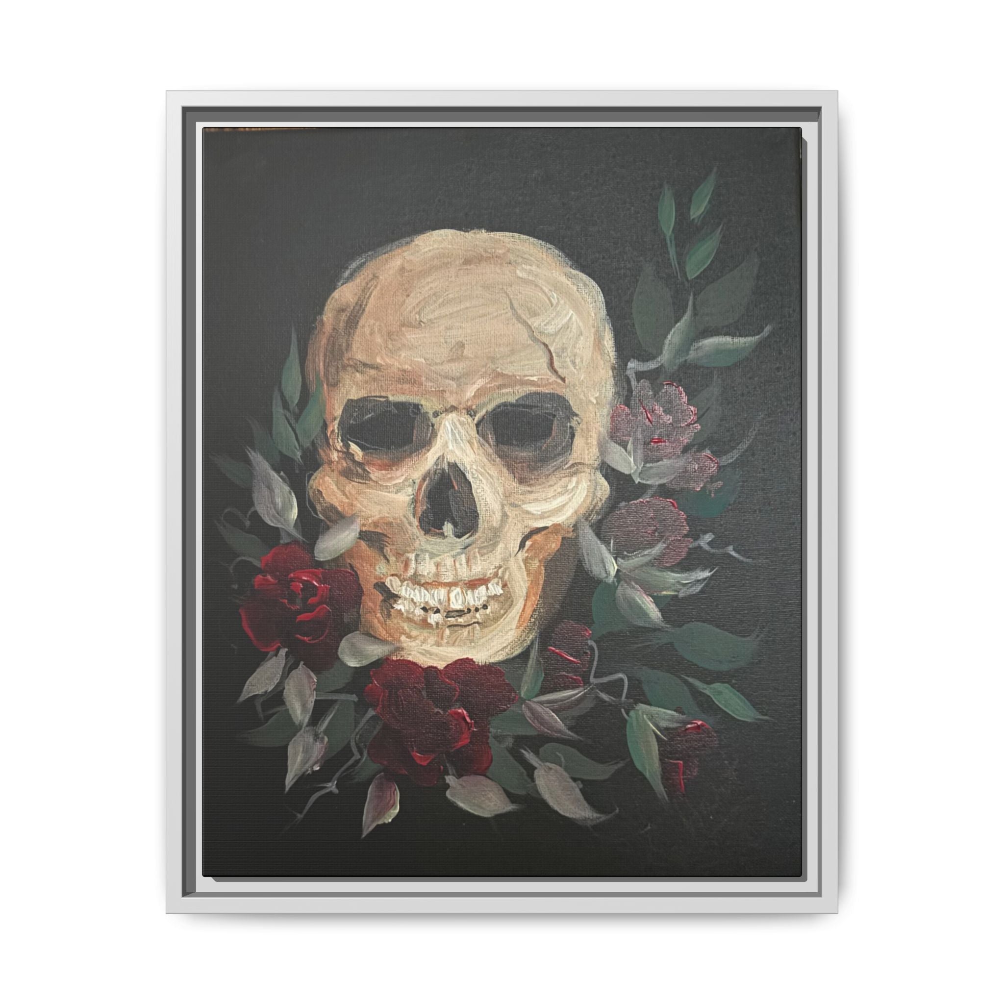 Framed Matte Canvas Skull & Roses Wall Art — Dark Gothic Home Decor