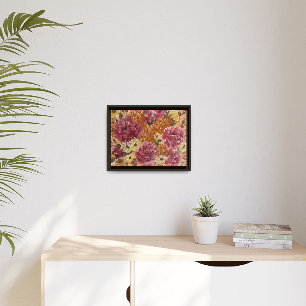 Warm Floral Framed Floral Canvas Print — Pink Peony & Daisies Wall Art