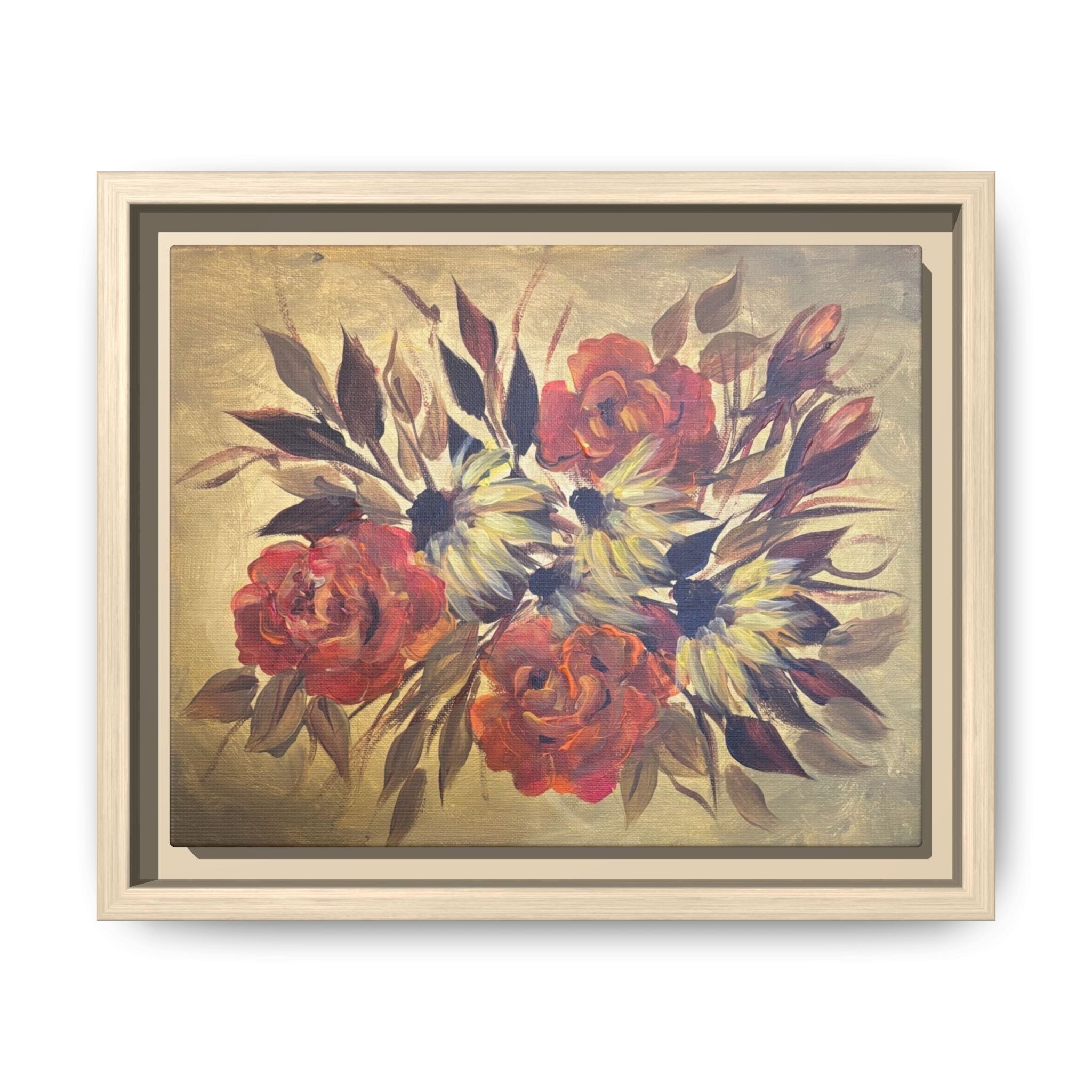 Framed Floral Canvas Wall Art — Vintage Rose Bouquet Matte Print