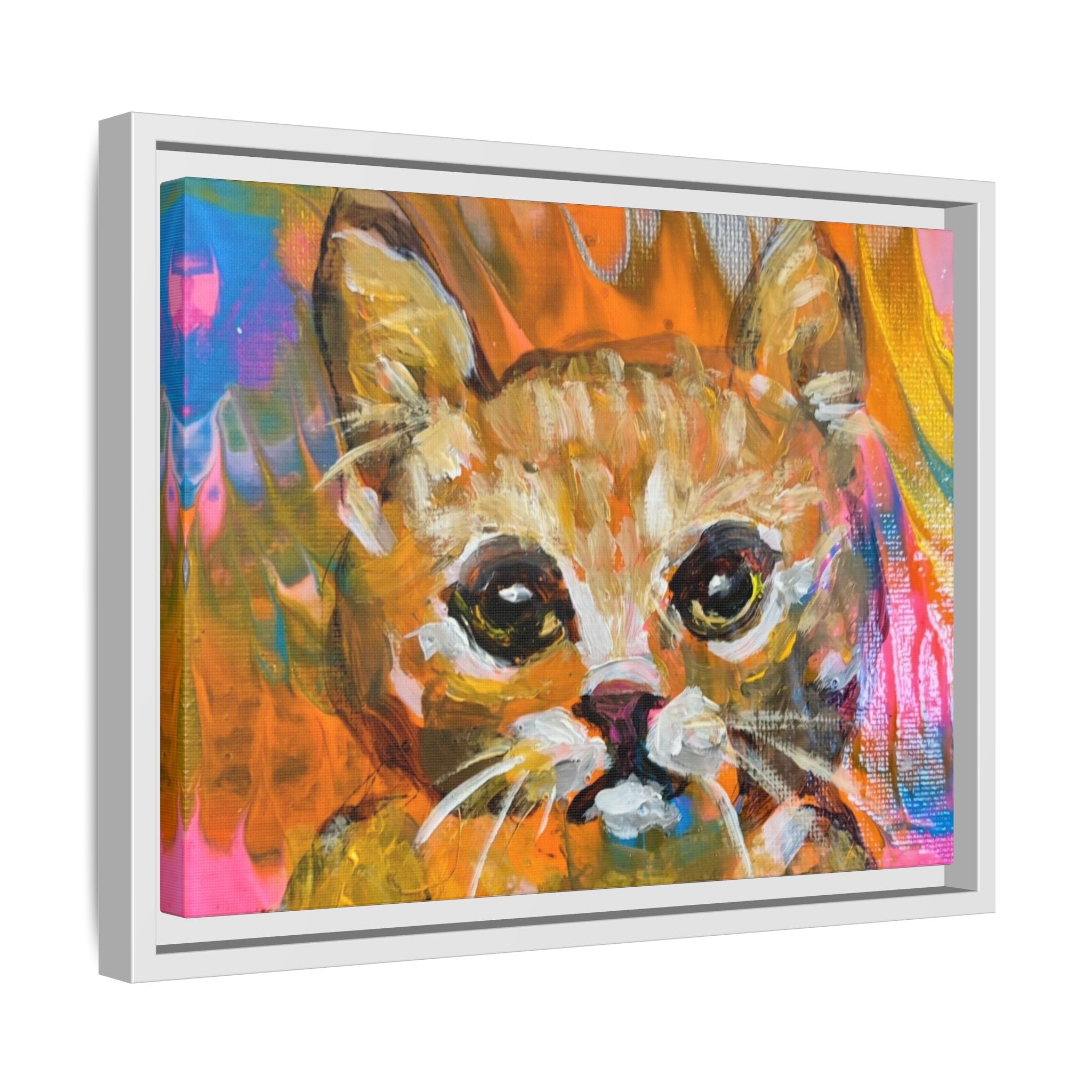 Framed Matte Canvas: Colorful Abstract Ginger Cat Wall Art