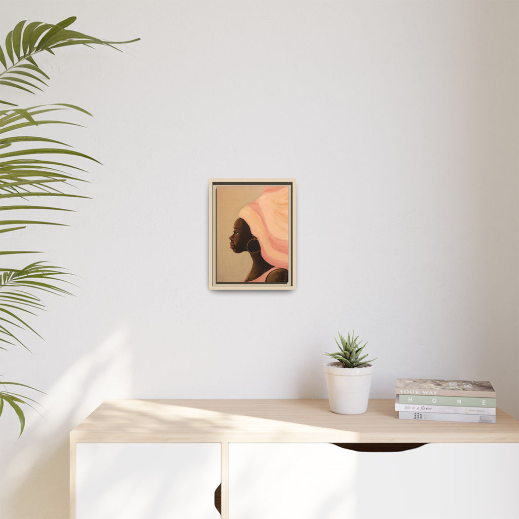 Framed Matte Canvas Art – Elegant African Woman Portrait (Pink Headwrap)