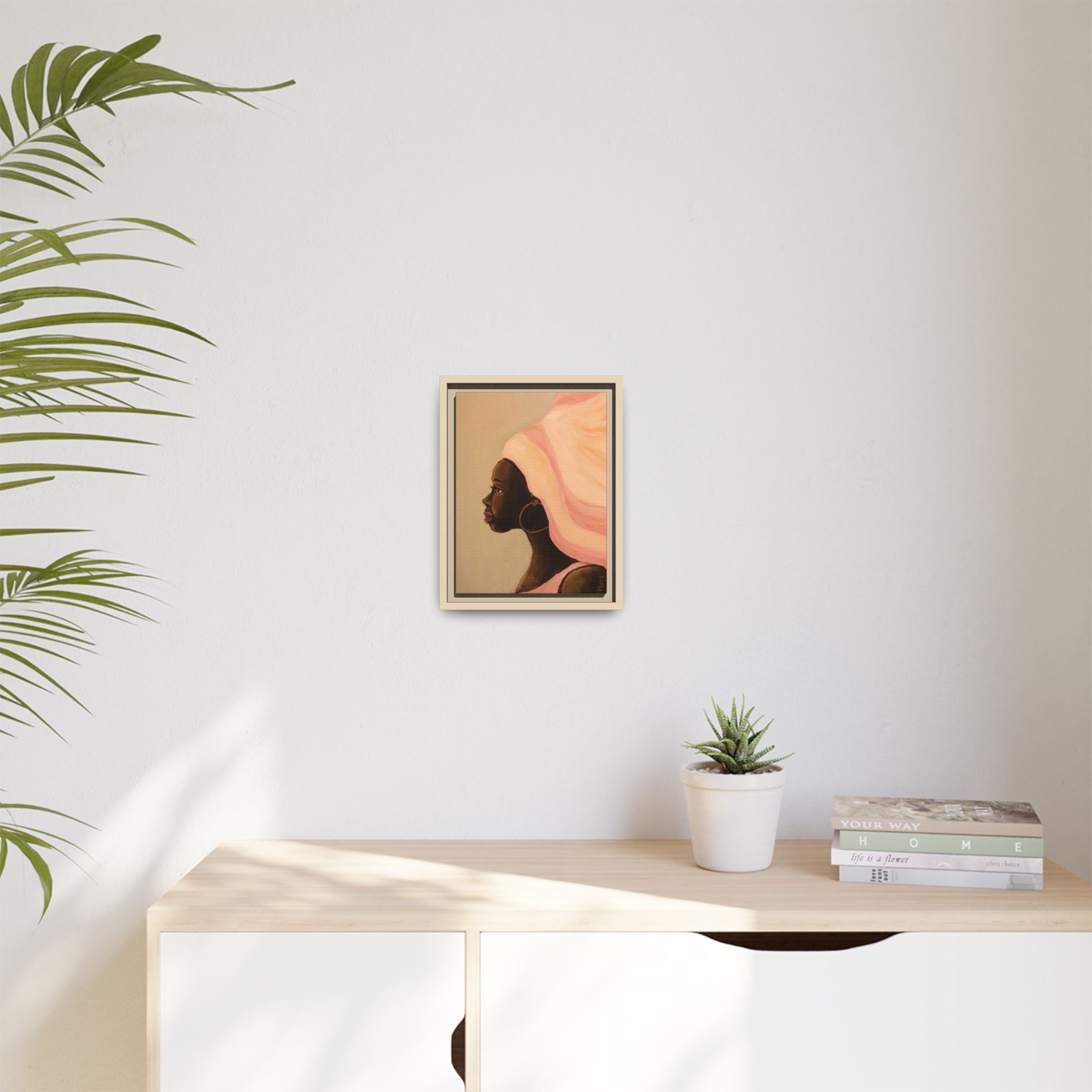 Framed Matte Canvas Art – Elegant African Woman Portrait (Pink Headwrap)