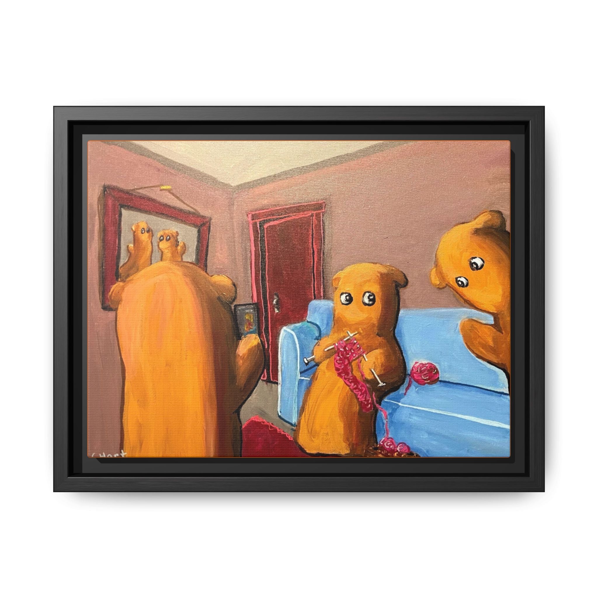 Whimsical Bear Family Framed Canvas Art — Matte Multi-Color Wall Decor