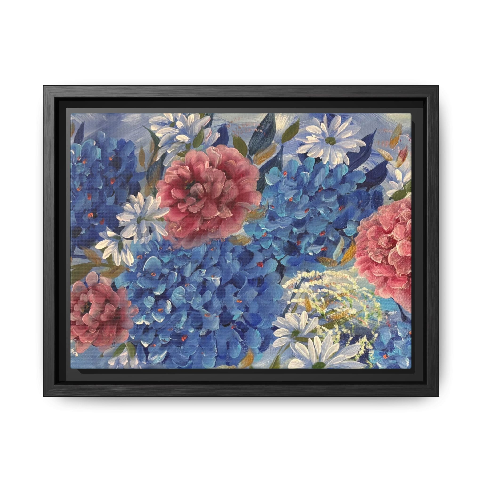 Cool Blue Framed Floral Canvas Print — Blue Hydrangea & Pink Peony Wall Art