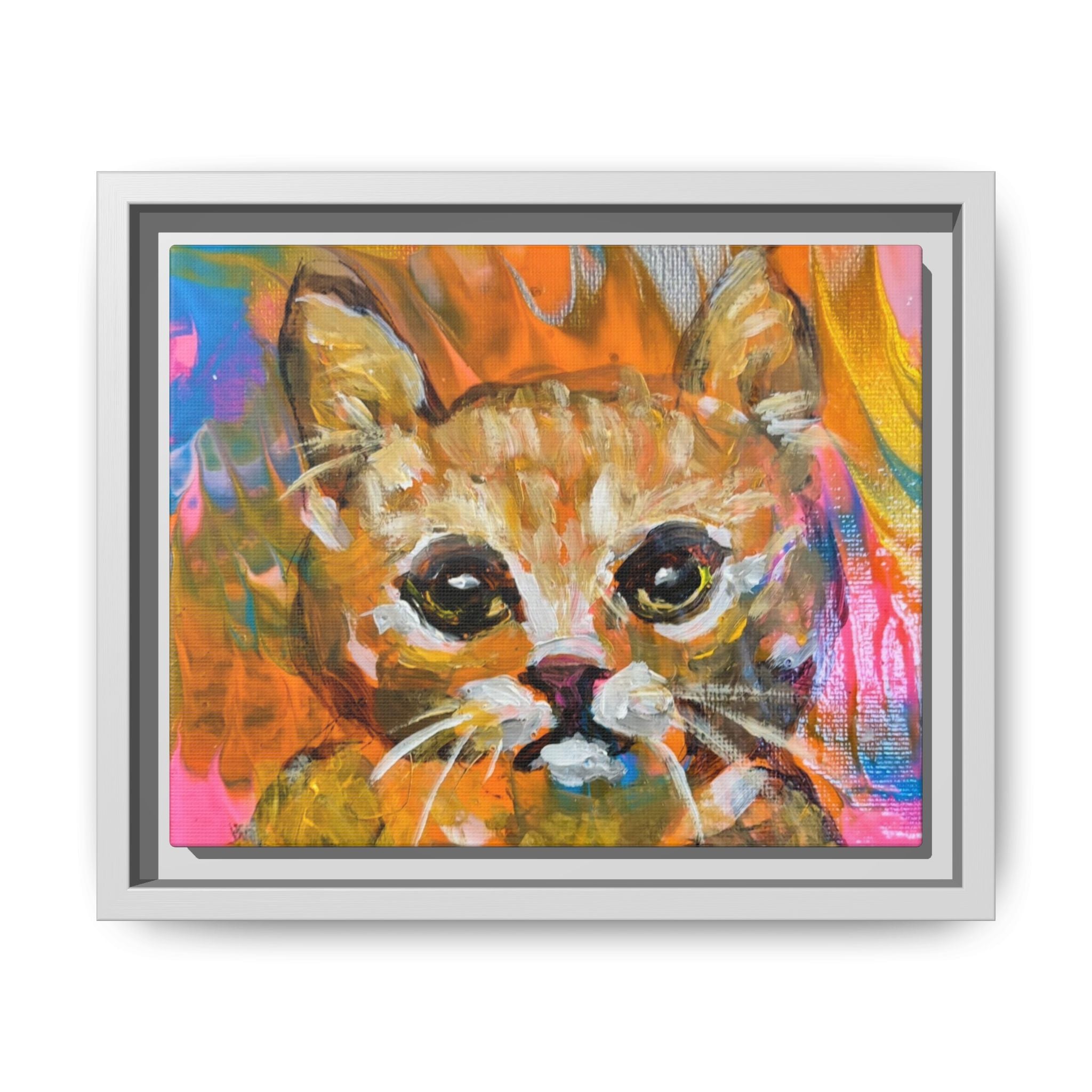 Framed Matte Canvas: Colorful Abstract Ginger Cat Wall Art