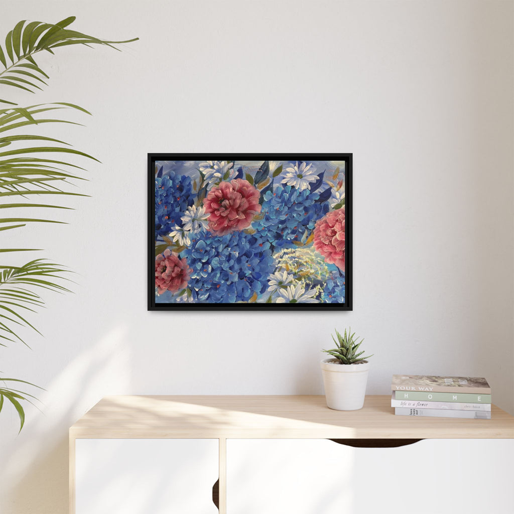 Cool Blue Framed Floral Canvas Print — Blue Hydrangea & Pink Peony Wall Art
