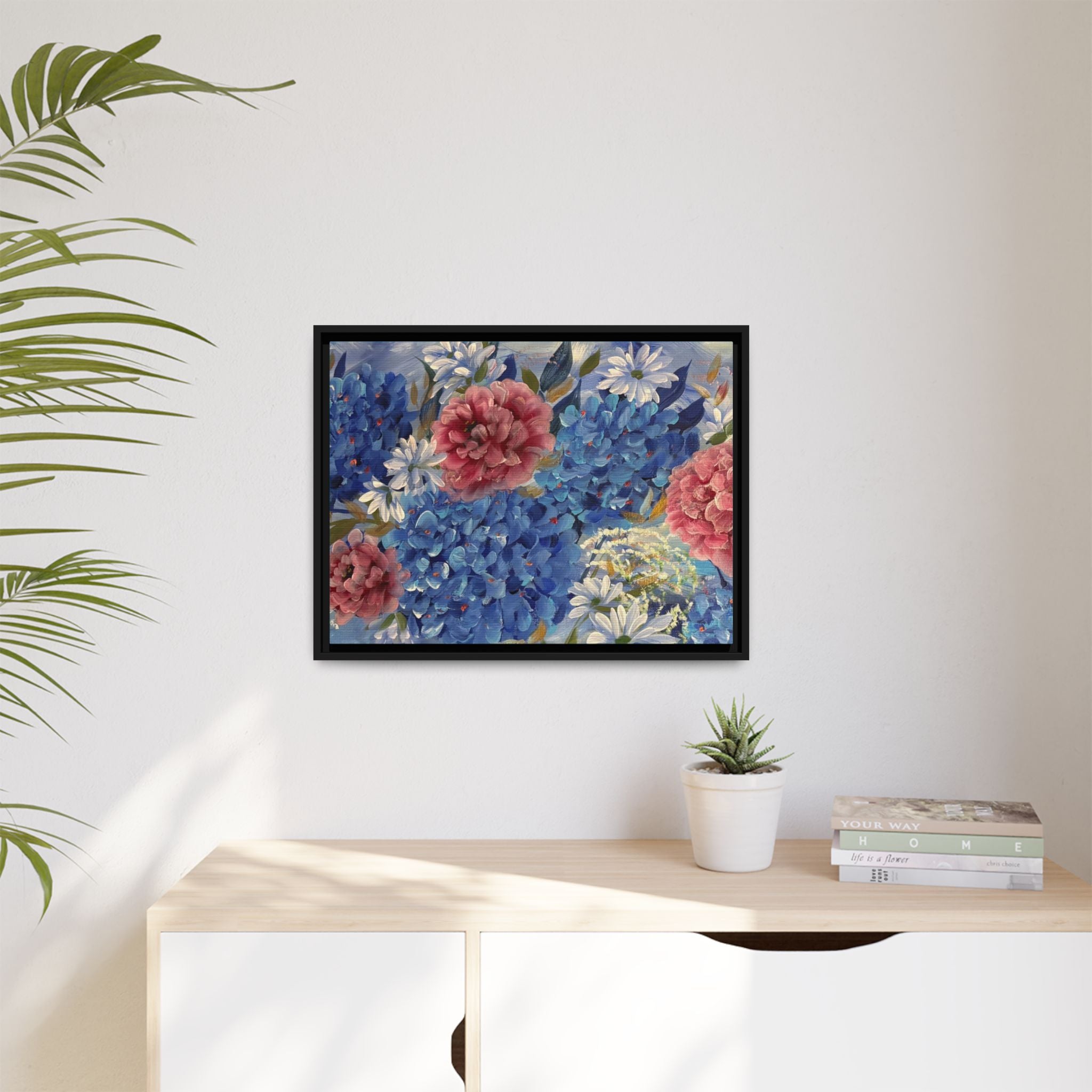 Cool Blue Framed Floral Canvas Print — Blue Hydrangea & Pink Peony Wall Art
