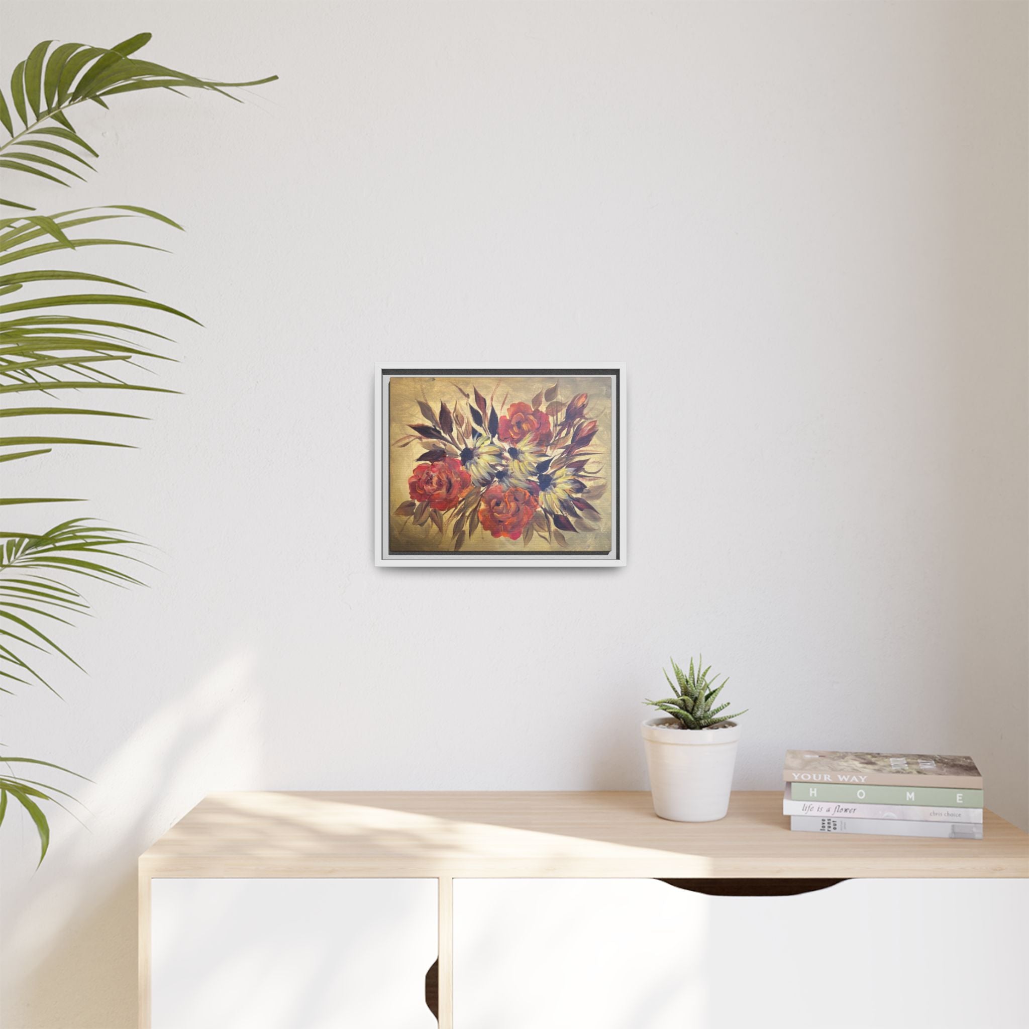 Framed Floral Canvas Wall Art — Vintage Rose Bouquet Matte Print