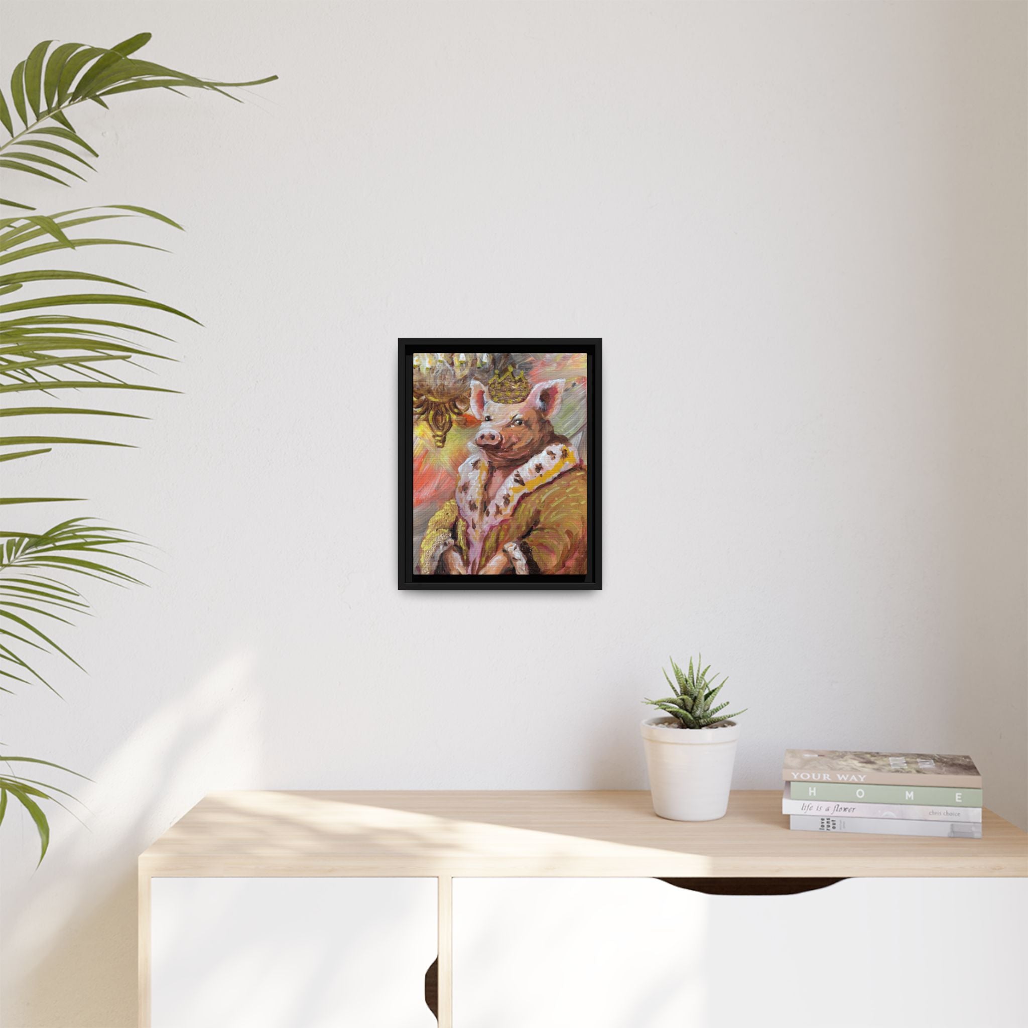 Regal Pig King Framed Canvas Art — Whimsical Farmhouse Wall Decor