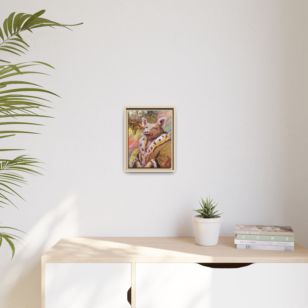 Regal Pig King Framed Canvas Art — Whimsical Farmhouse Wall Decor