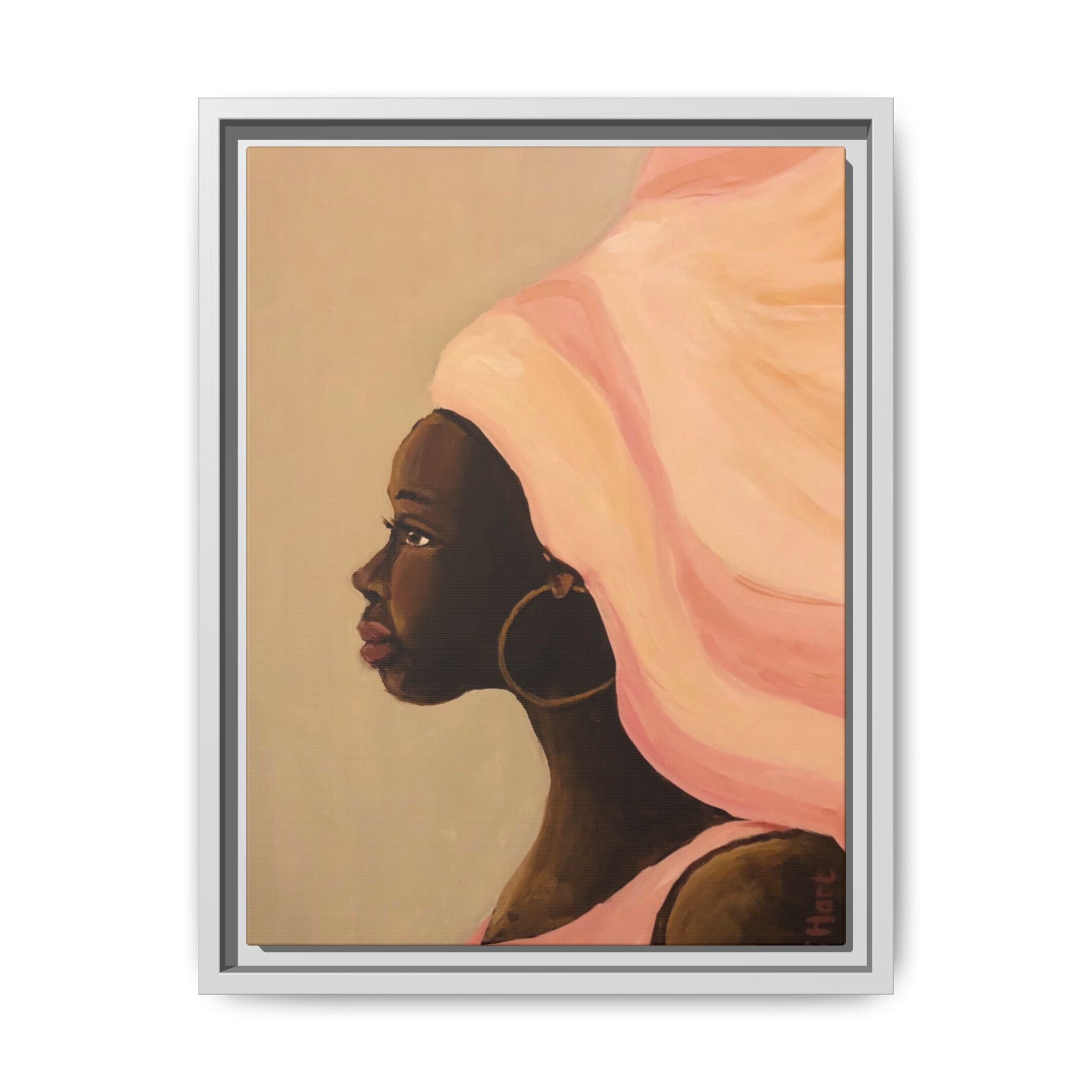 Framed Matte Canvas Art – Elegant African Woman Portrait (Pink Headwrap)