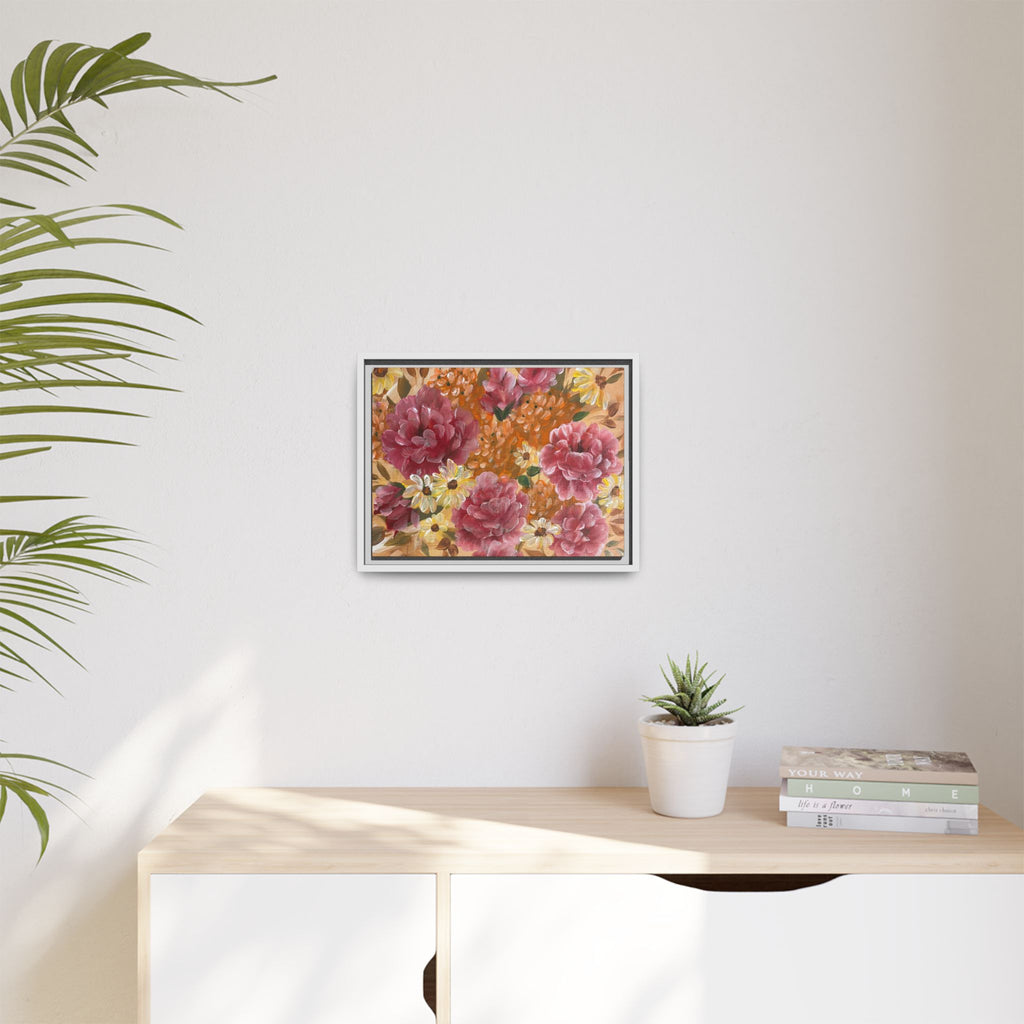 Warm Floral Framed Floral Canvas Print — Pink Peony & Daisies Wall Art