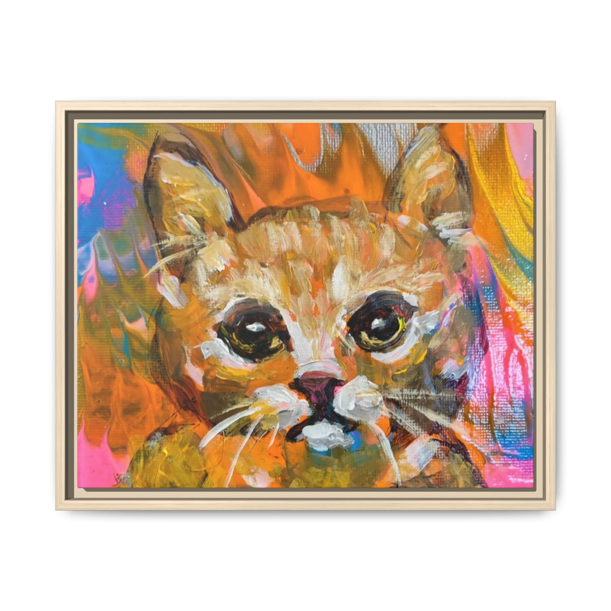 Framed Matte Canvas: Colorful Abstract Ginger Cat Wall Art