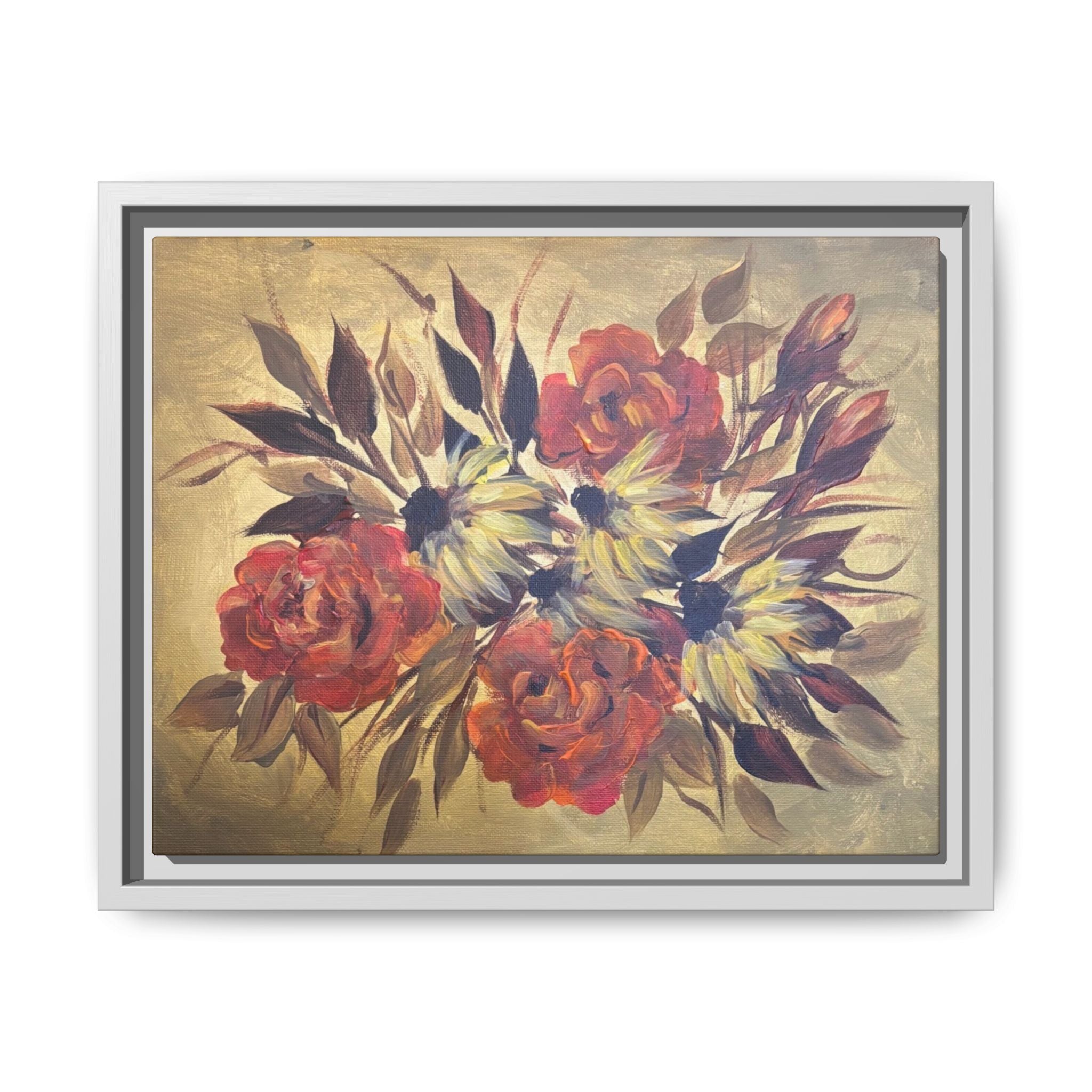 Framed Floral Canvas Wall Art — Vintage Rose Bouquet Matte Print