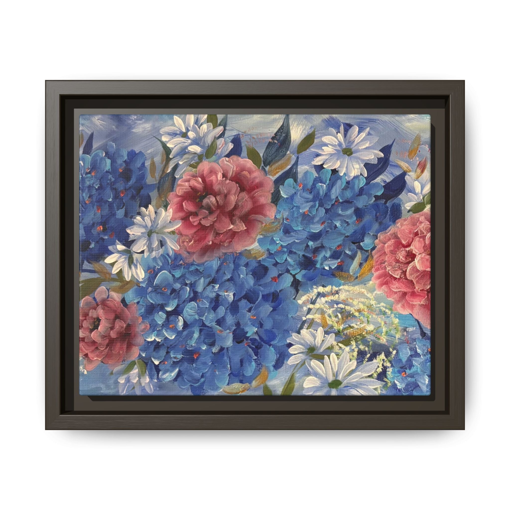 Cool Blue Framed Floral Canvas Print — Blue Hydrangea & Pink Peony Wall Art