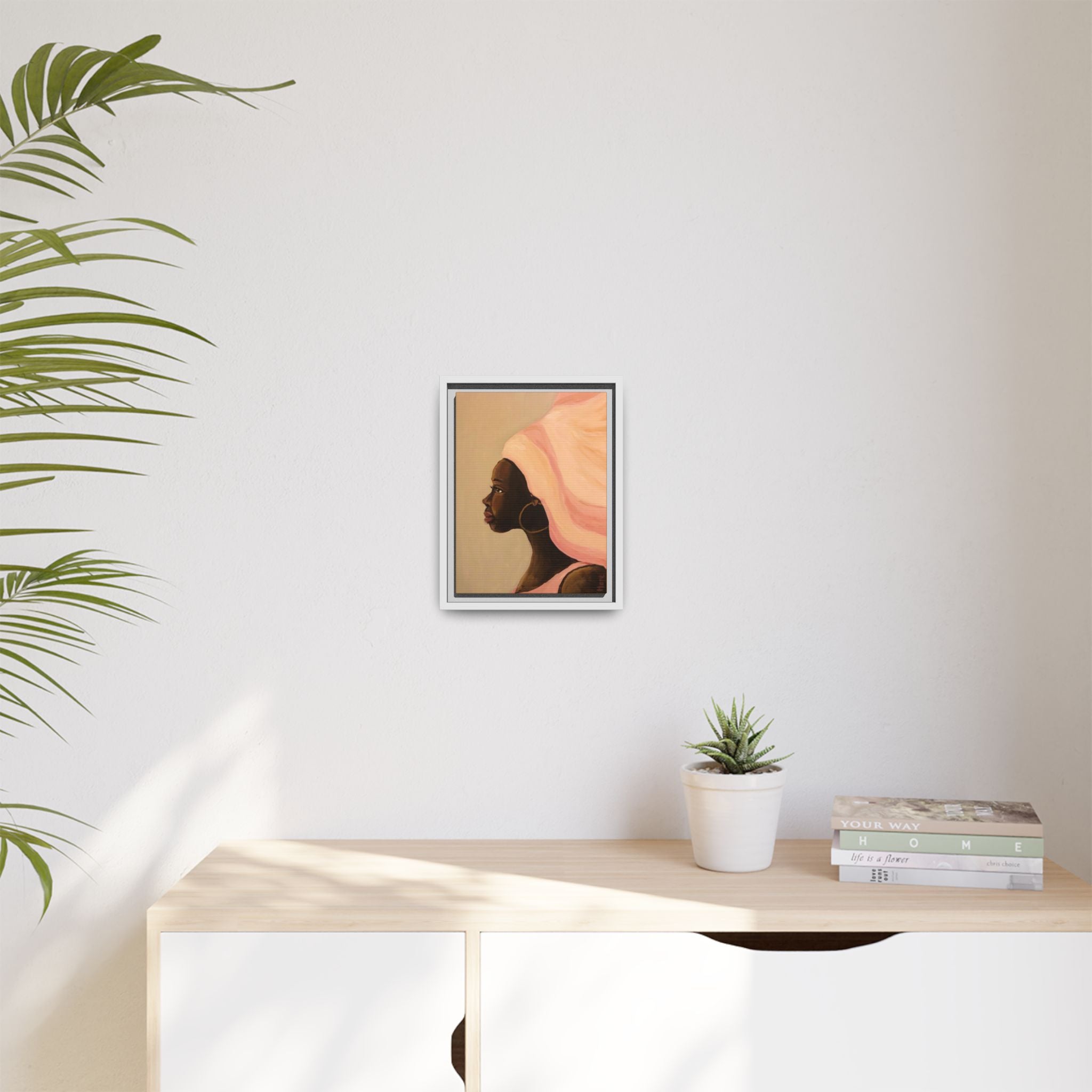 Framed Matte Canvas Art – Elegant African Woman Portrait (Pink Headwrap)