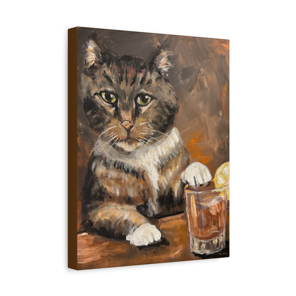 Whiskey Cat Canvas Print — Vintage Tabby Painting on Stretched Matte Canvas