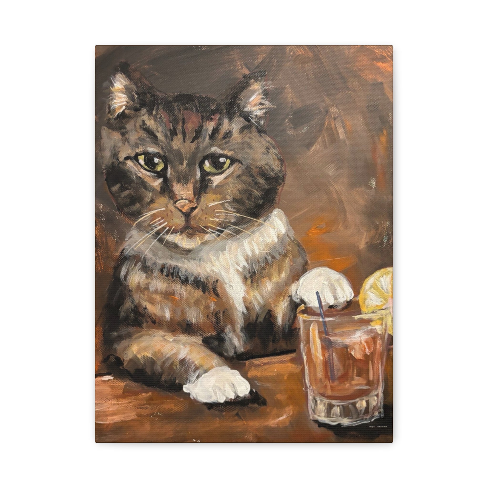 Whiskey Cat Canvas Print — Vintage Tabby Painting on Stretched Matte Canvas