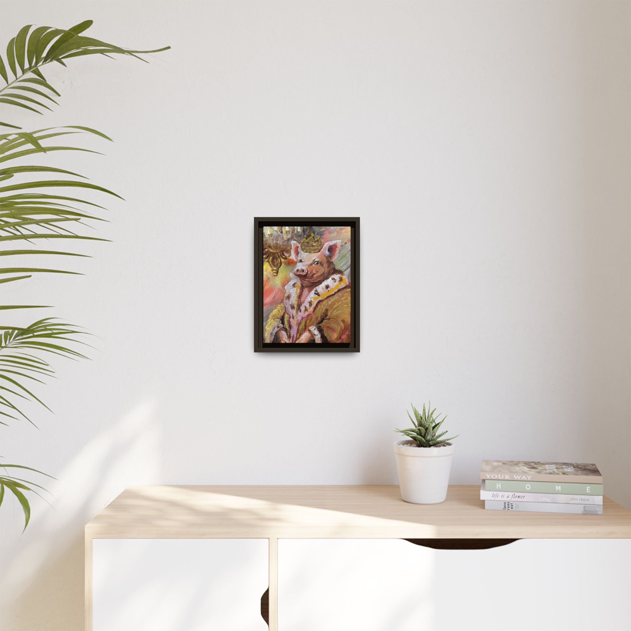 Regal Pig King Framed Canvas Art — Whimsical Farmhouse Wall Decor