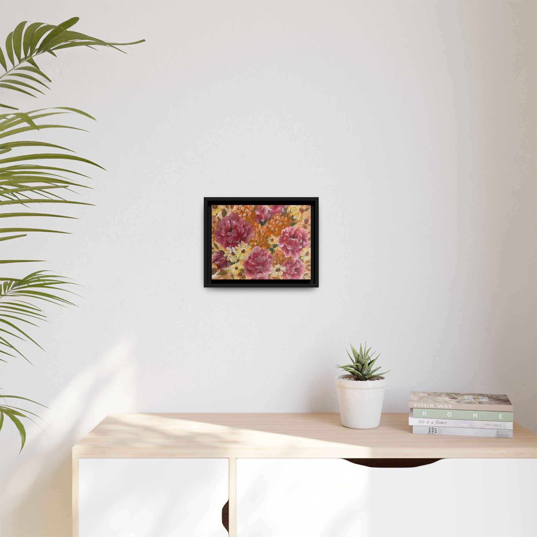 Warm Floral Framed Floral Canvas Print — Pink Peony & Daisies Wall Art