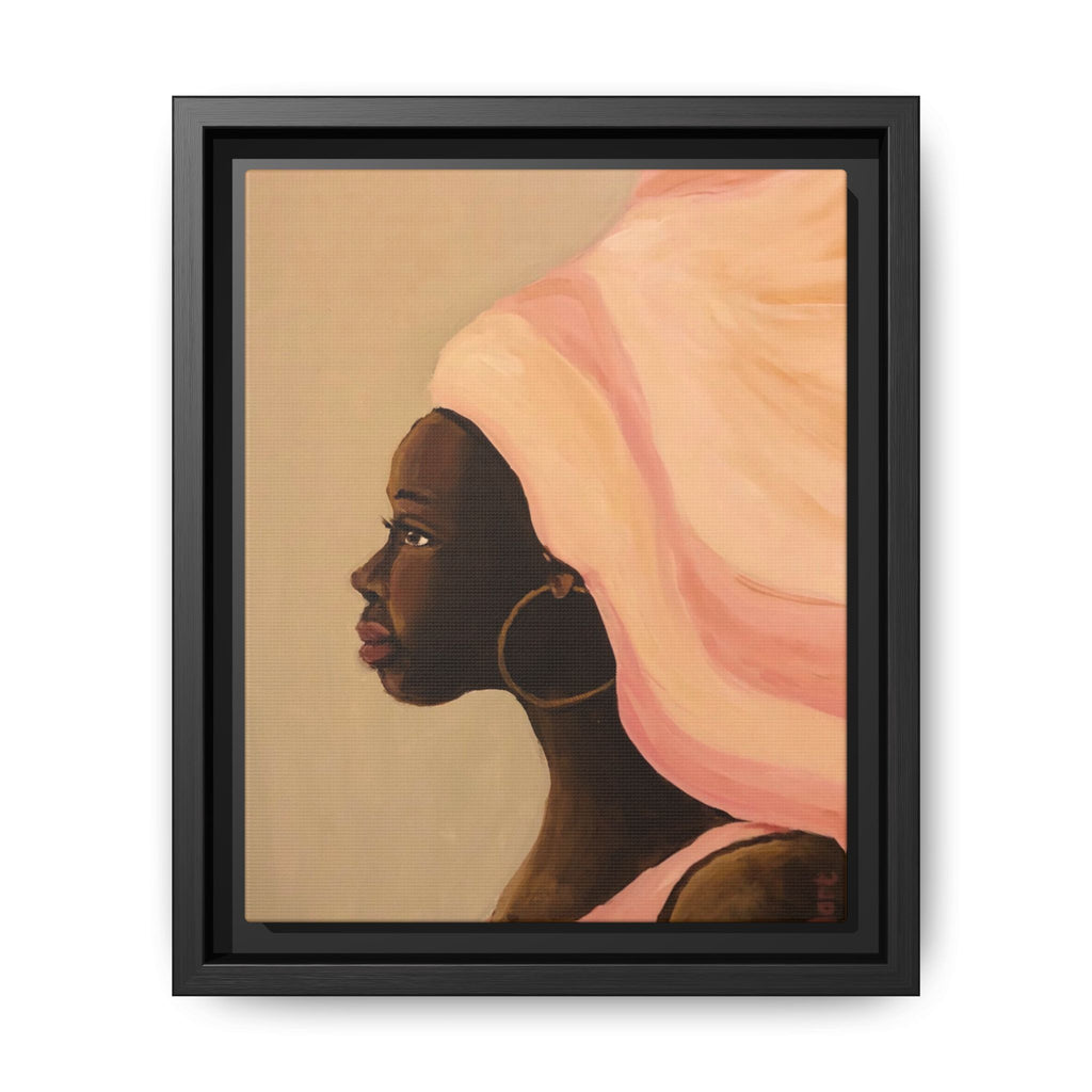 Framed Matte Canvas Art – Elegant African Woman Portrait (Pink Headwrap)