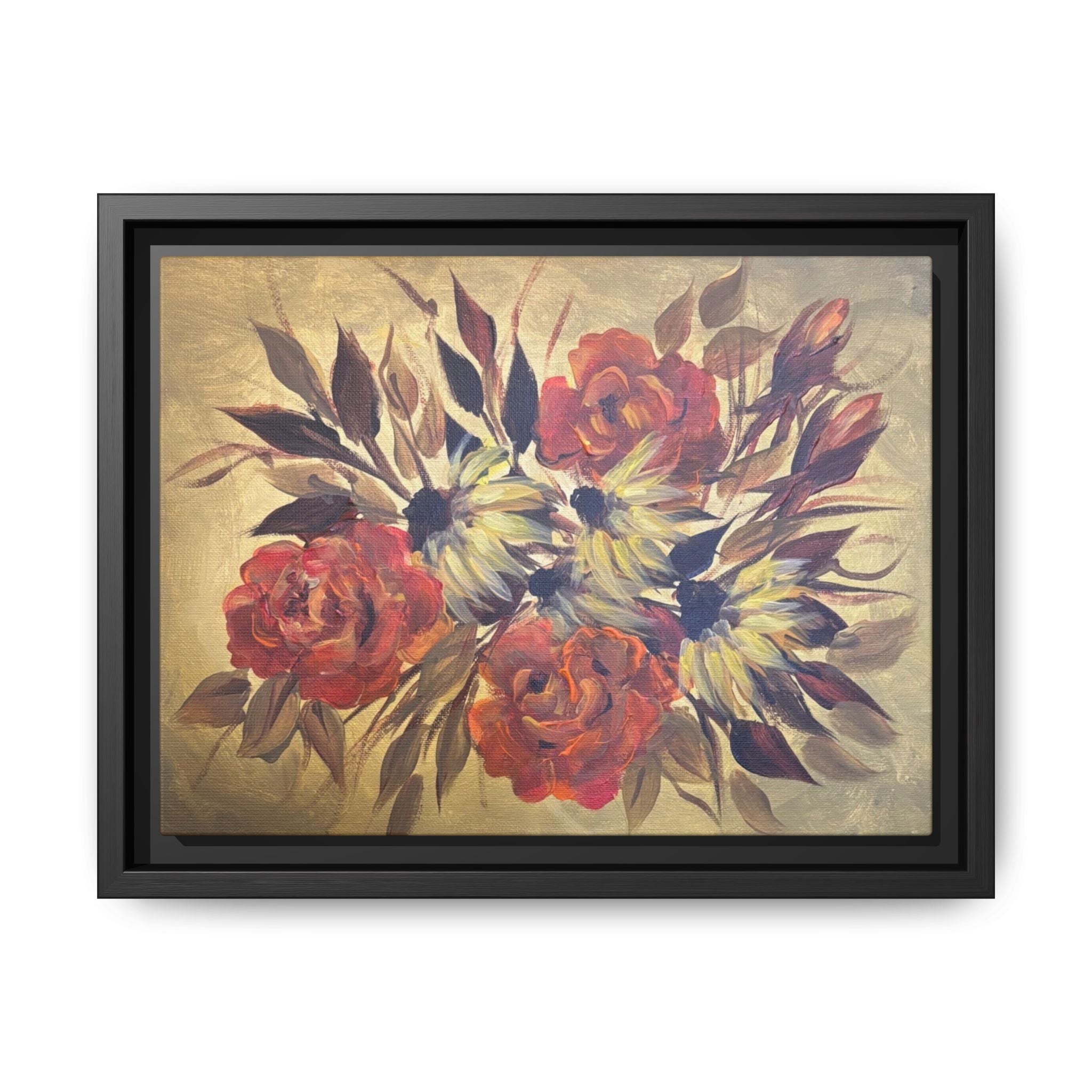 Framed Floral Canvas Wall Art — Vintage Rose Bouquet Matte Print