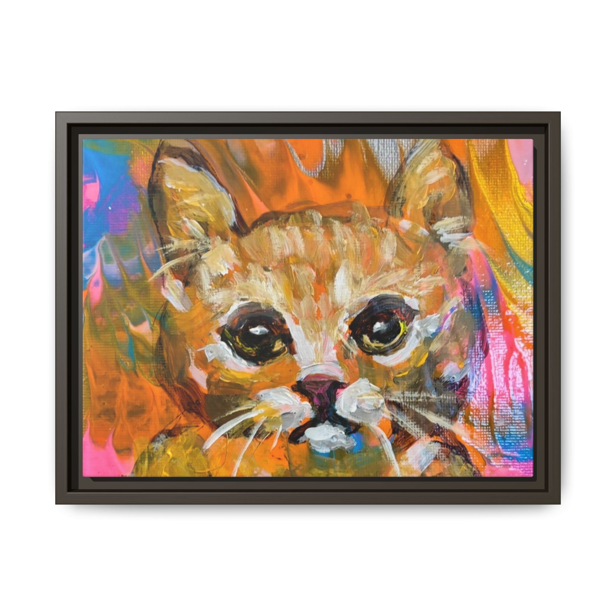 Framed Matte Canvas: Colorful Abstract Ginger Cat Wall Art