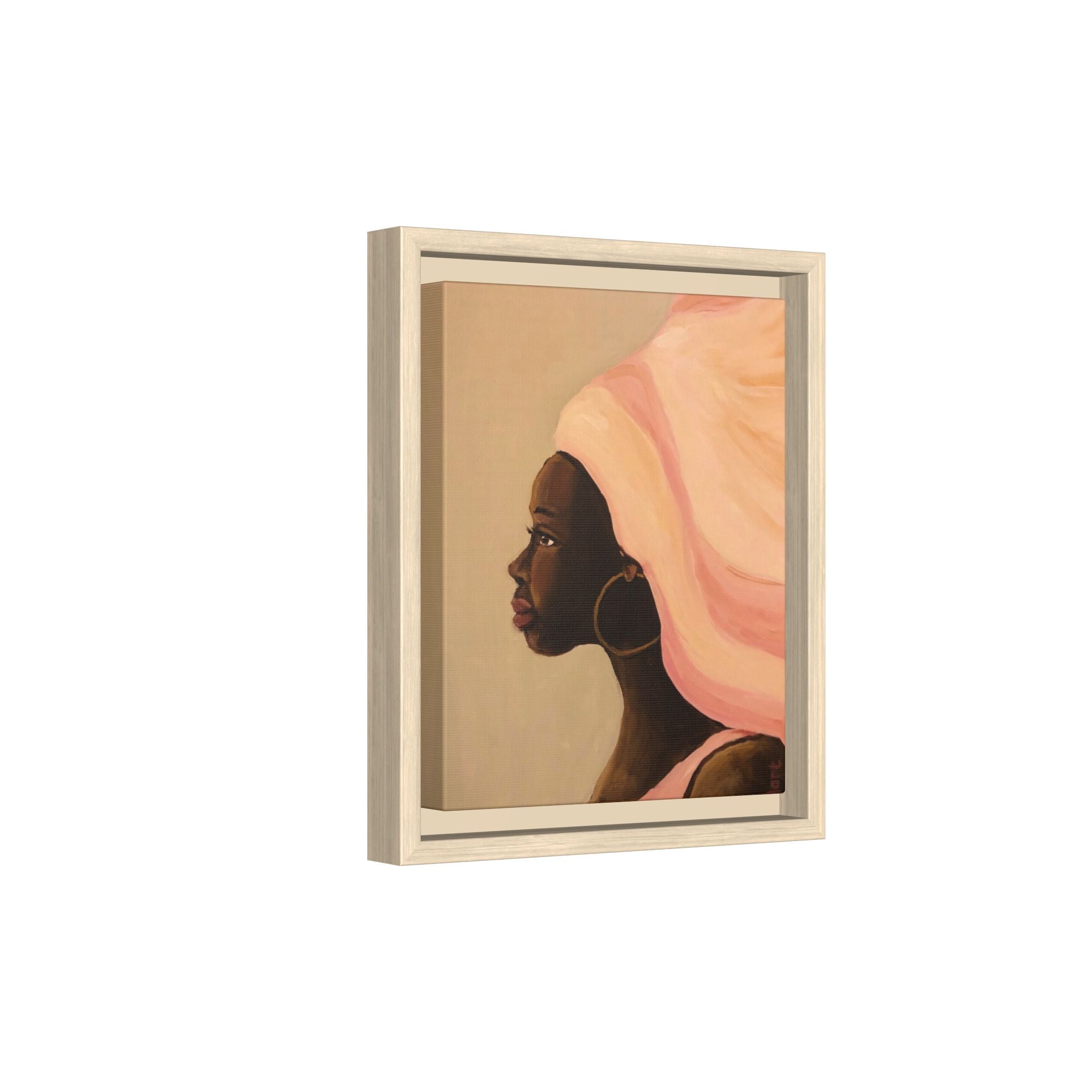 Framed Matte Canvas Art – Elegant African Woman Portrait (Pink Headwrap)