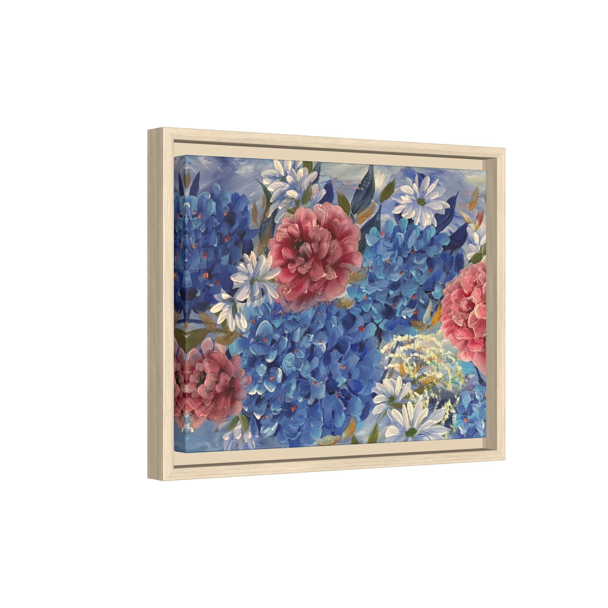 Cool Blue Framed Floral Canvas Print — Blue Hydrangea & Pink Peony Wall Art