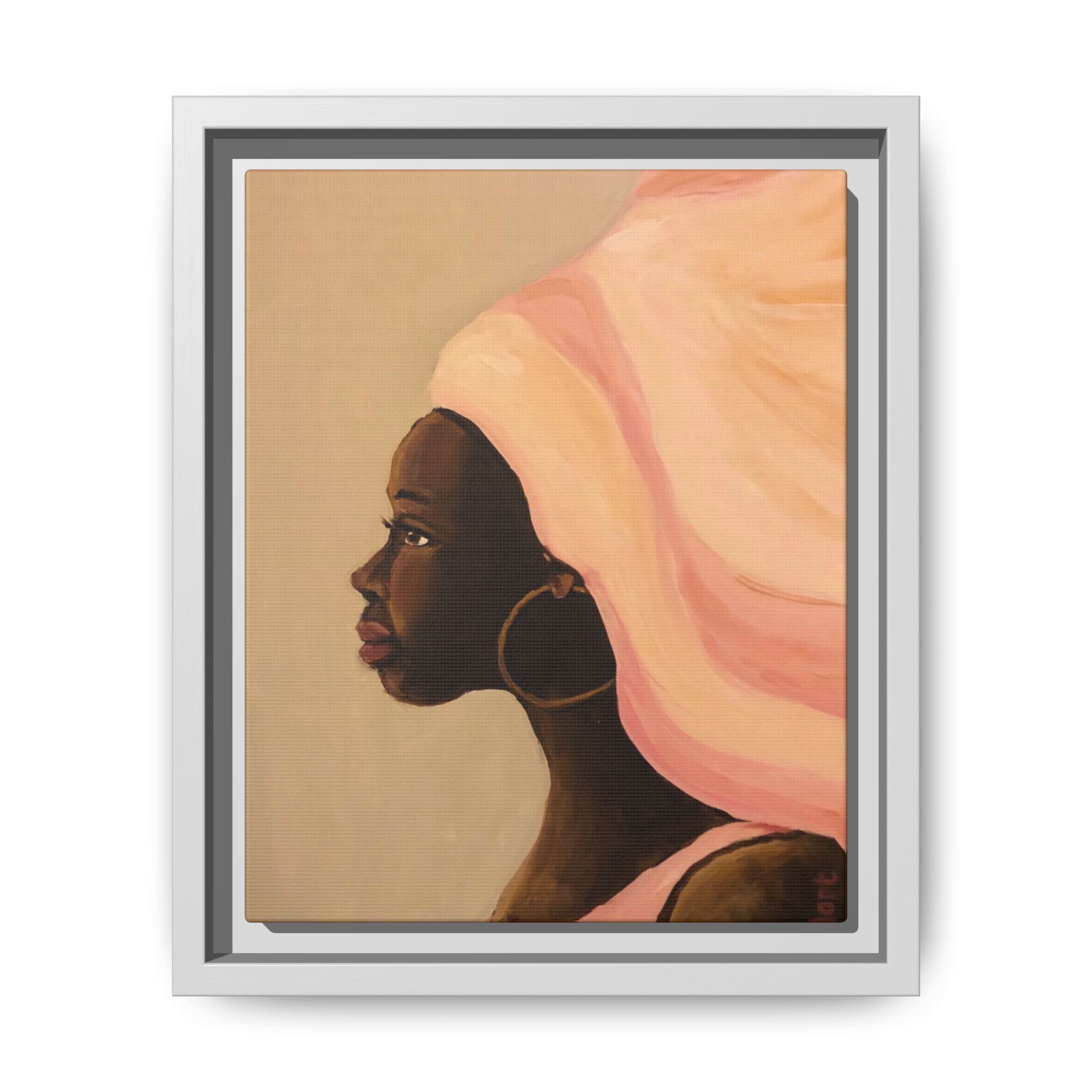 Framed Matte Canvas Art – Elegant African Woman Portrait (Pink Headwrap)