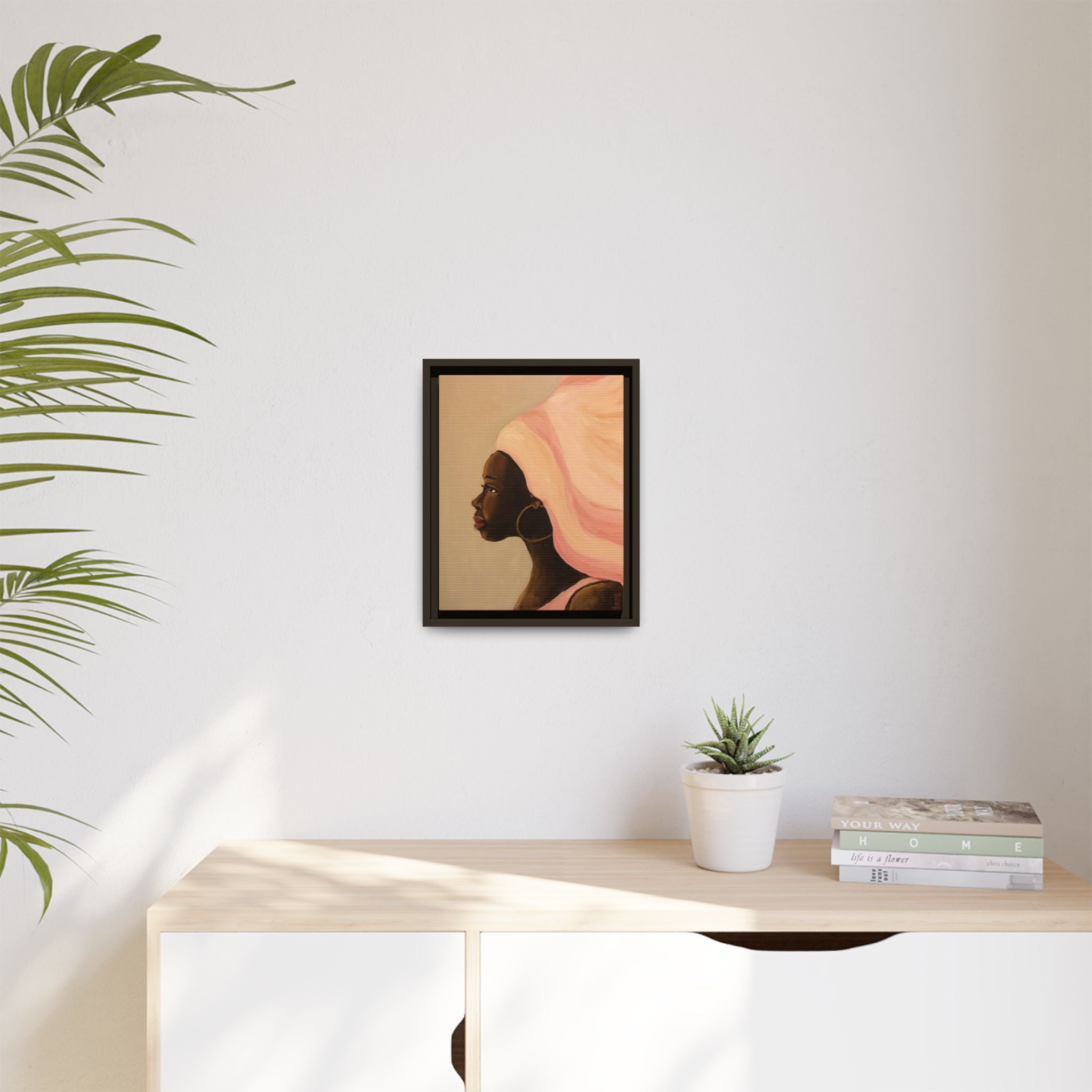 Framed Matte Canvas Art – Elegant African Woman Portrait (Pink Headwrap)