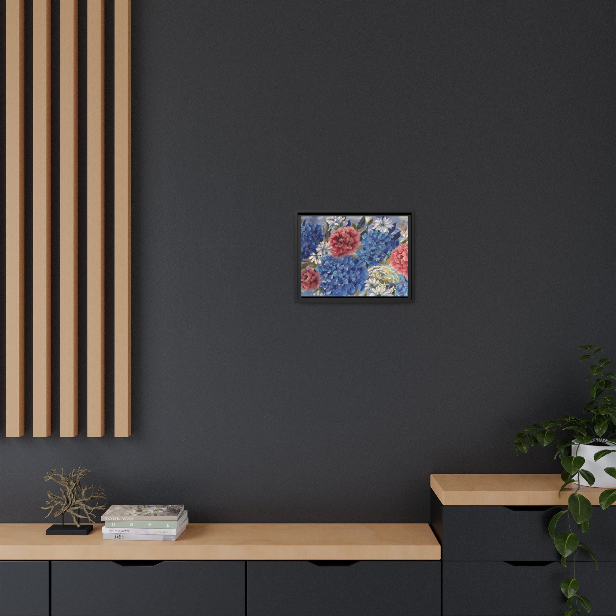 Cool Blue Framed Floral Canvas Print — Blue Hydrangea & Pink Peony Wall Art
