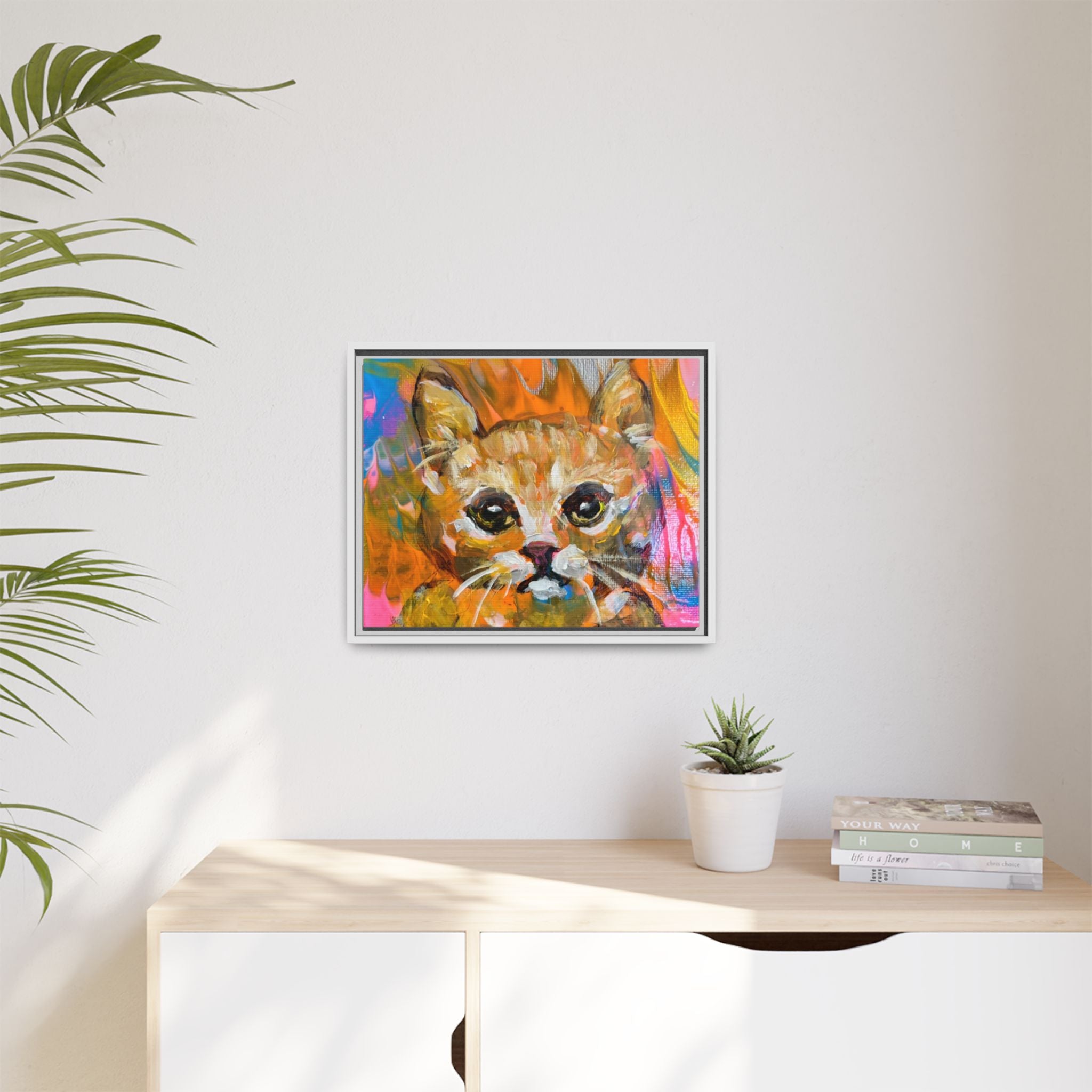 Framed Matte Canvas: Colorful Abstract Ginger Cat Wall Art