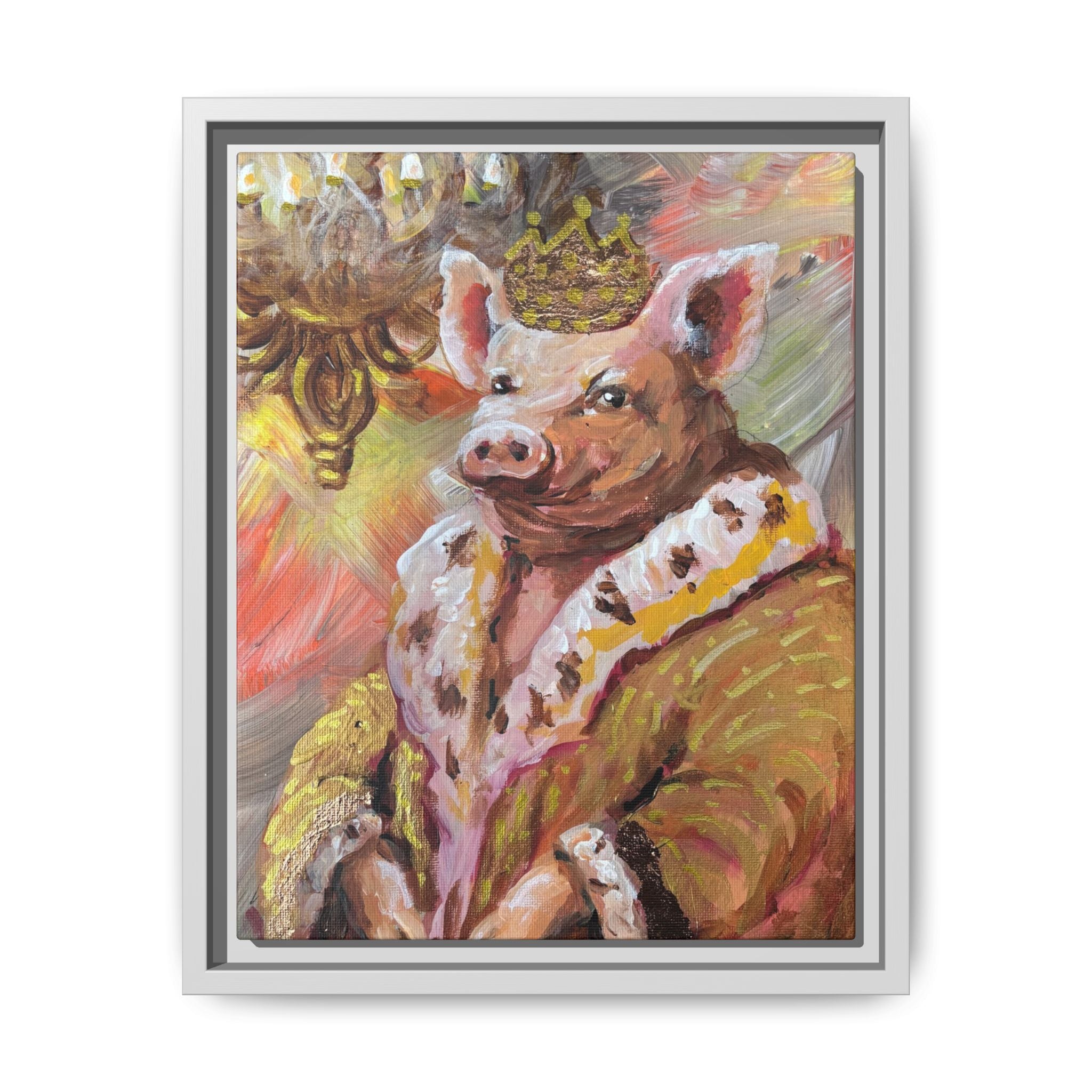 Regal Pig King Framed Canvas Art — Whimsical Farmhouse Wall Decor