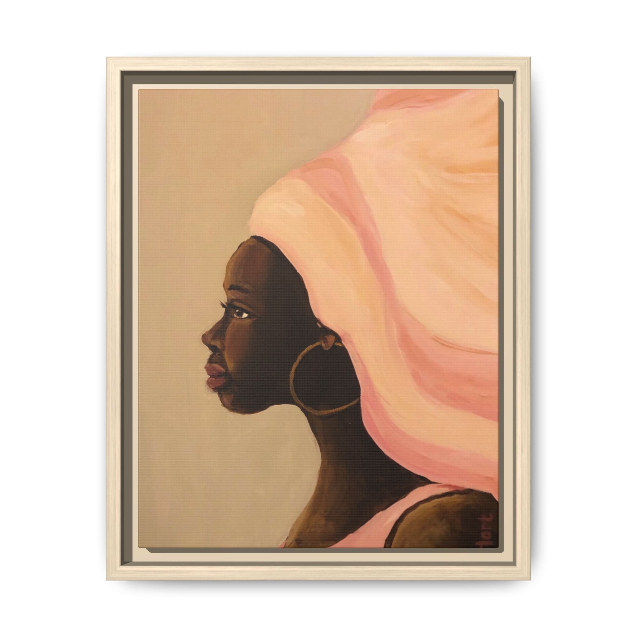 Framed Matte Canvas Art – Elegant African Woman Portrait (Pink Headwrap)