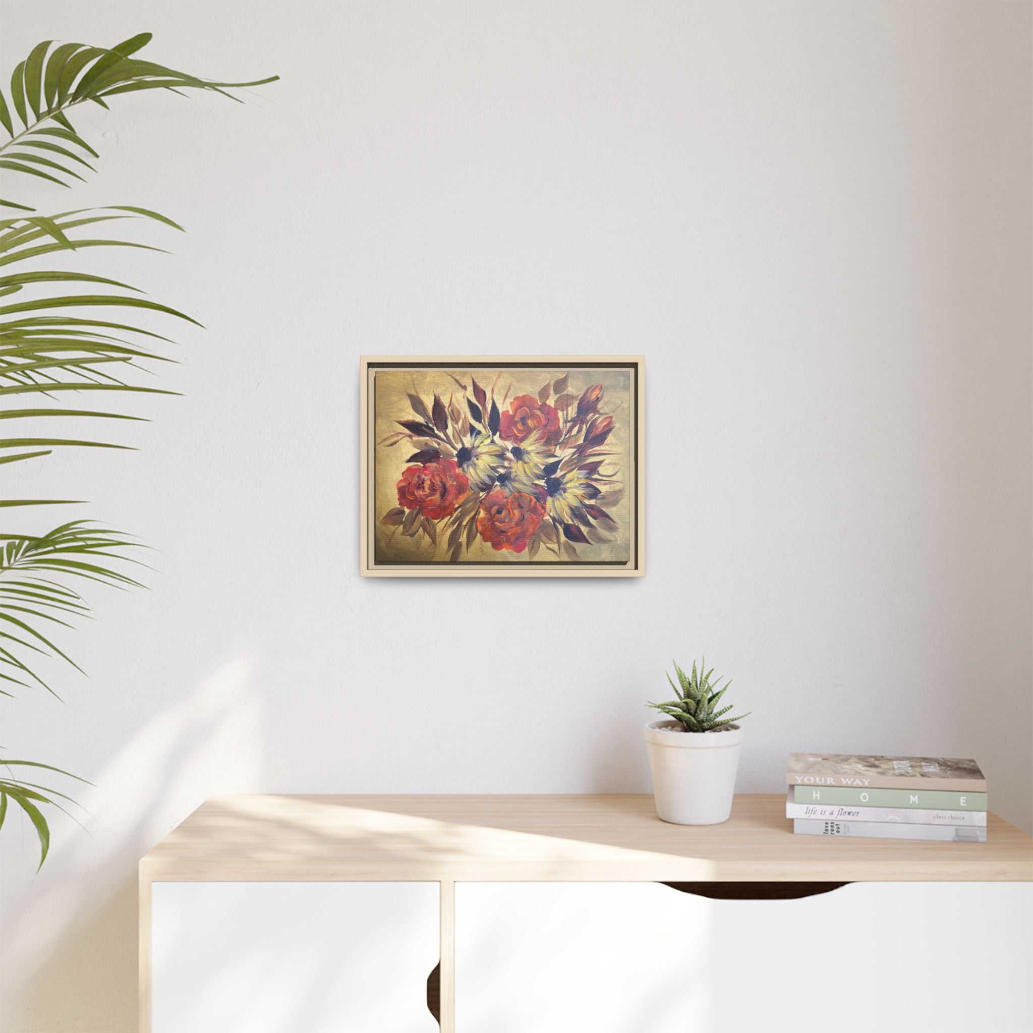 Framed Floral Canvas Wall Art — Vintage Rose Bouquet Matte Print