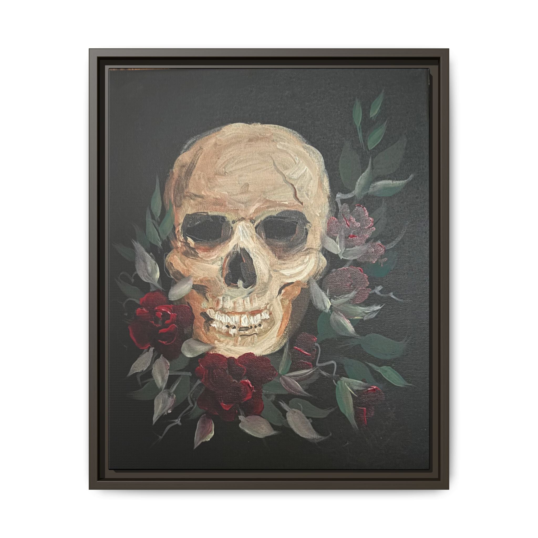Framed Matte Canvas Skull & Roses Wall Art — Dark Gothic Home Decor