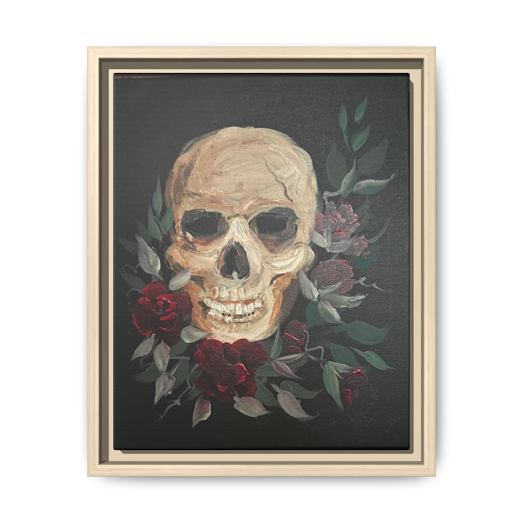 Framed Matte Canvas Skull & Roses Wall Art — Dark Gothic Home Decor