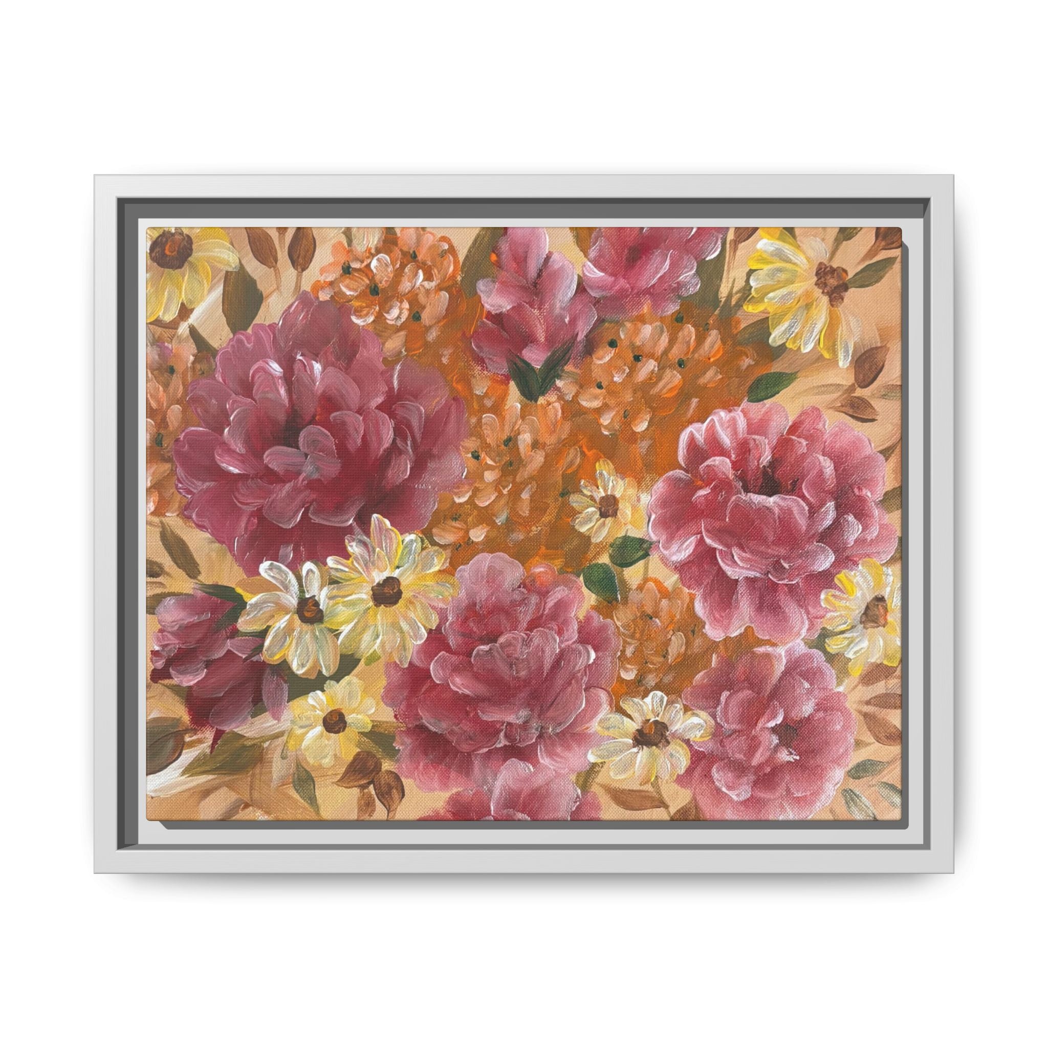 Warm Framed Floral Canvas Print — Vintage Pink Peonies Wall Art