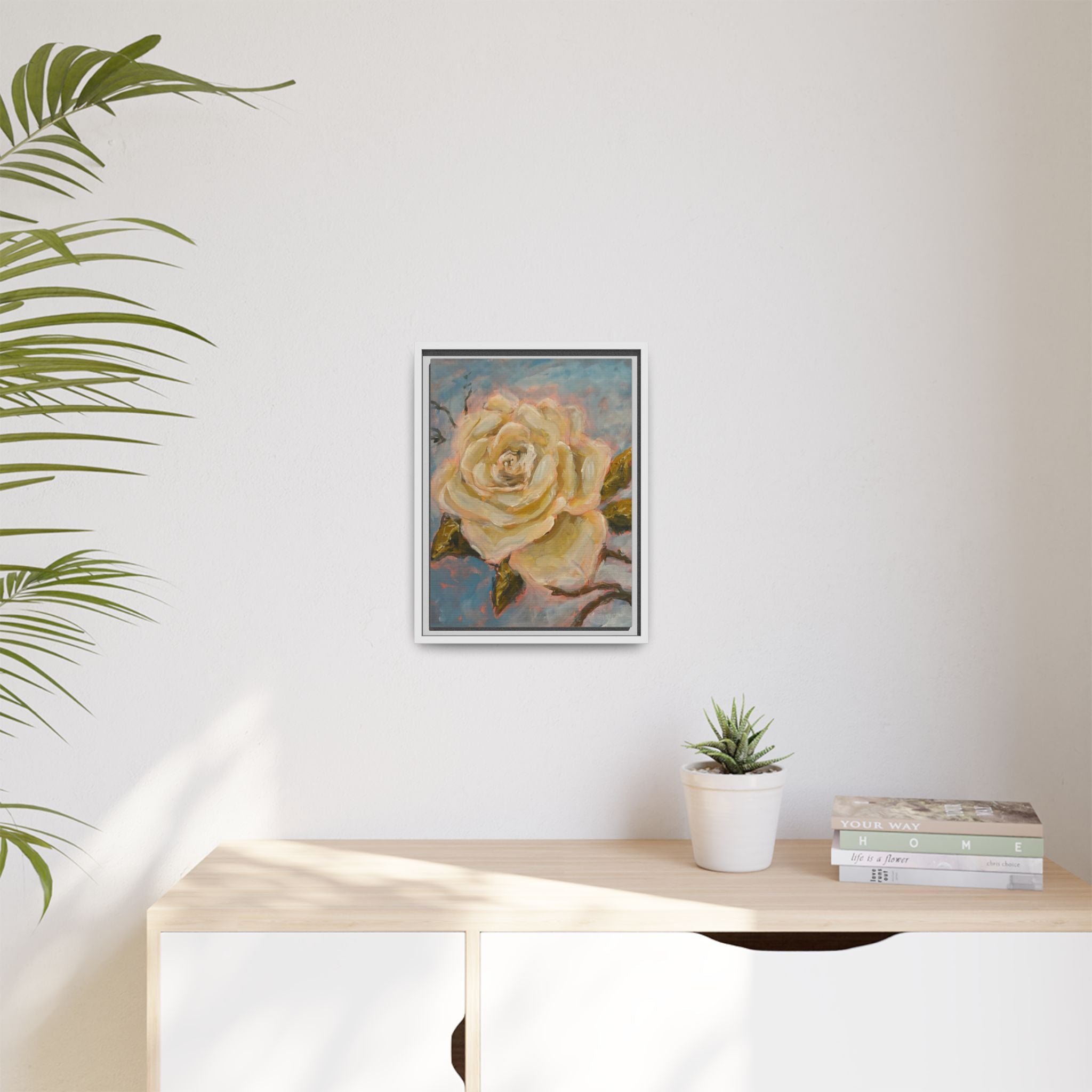Warm White Rose Framed Matte Canvas - Vintage Rose Floral Wall Art