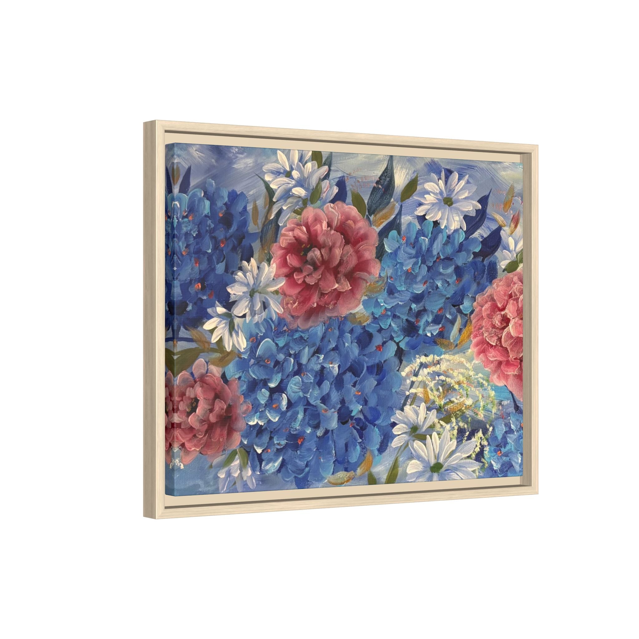 Cool Blue Framed Floral Canvas Print — Blue Hydrangea & Pink Peony Wall Art