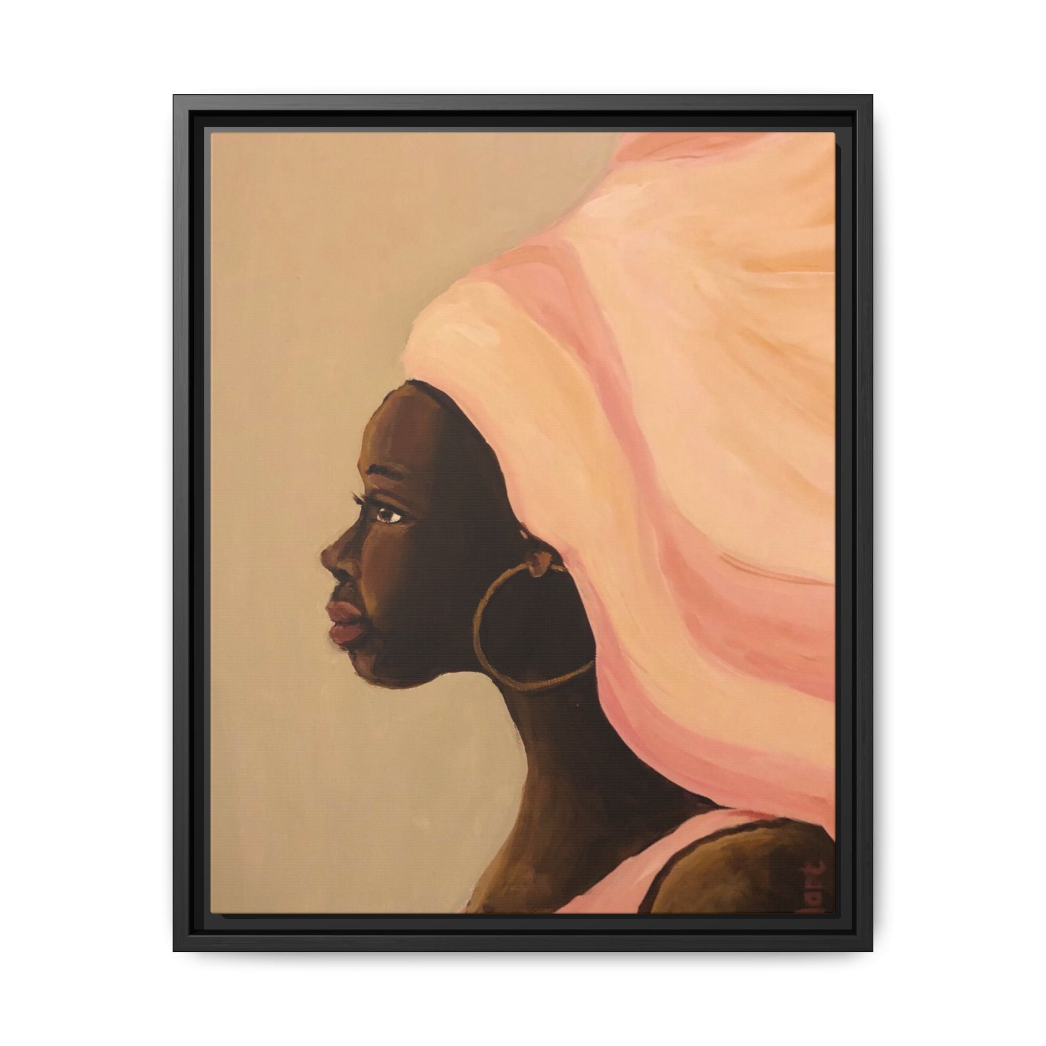 Framed Matte Canvas Art – Elegant African Woman Portrait (Pink Headwrap)