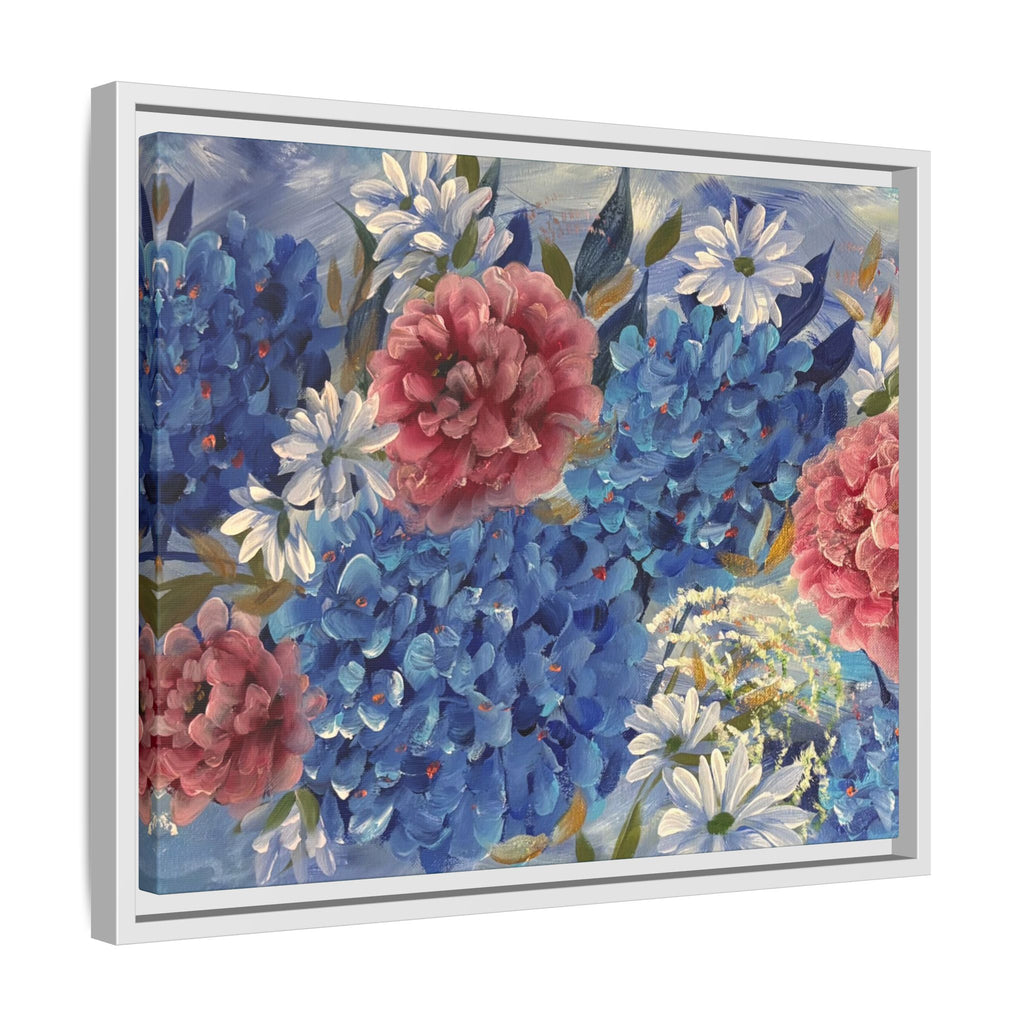 Cool Blue Framed Floral Canvas Print — Blue Hydrangea & Pink Peony Wall Art