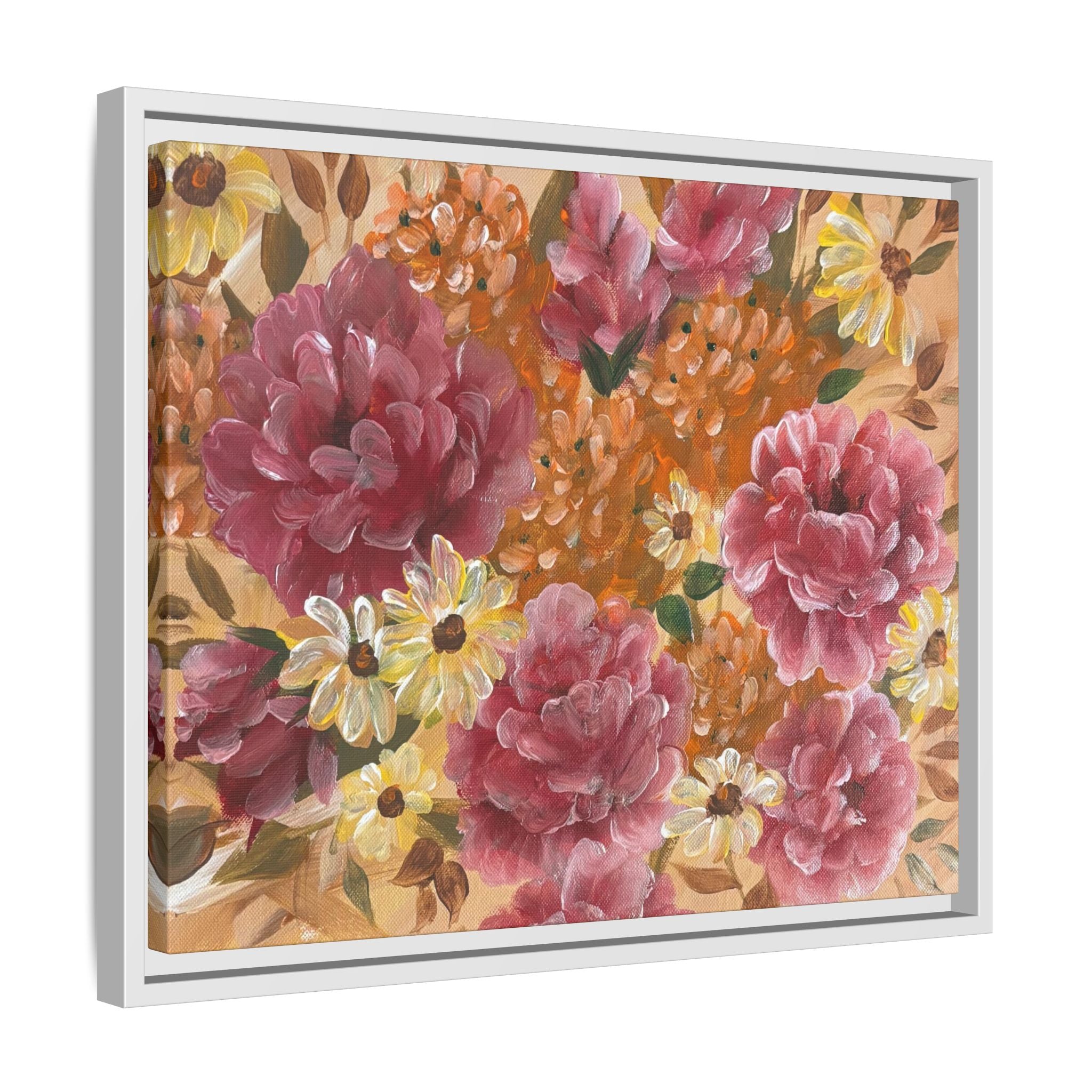 Warm Framed Floral Canvas Print — Vintage Pink Peonies Wall Art