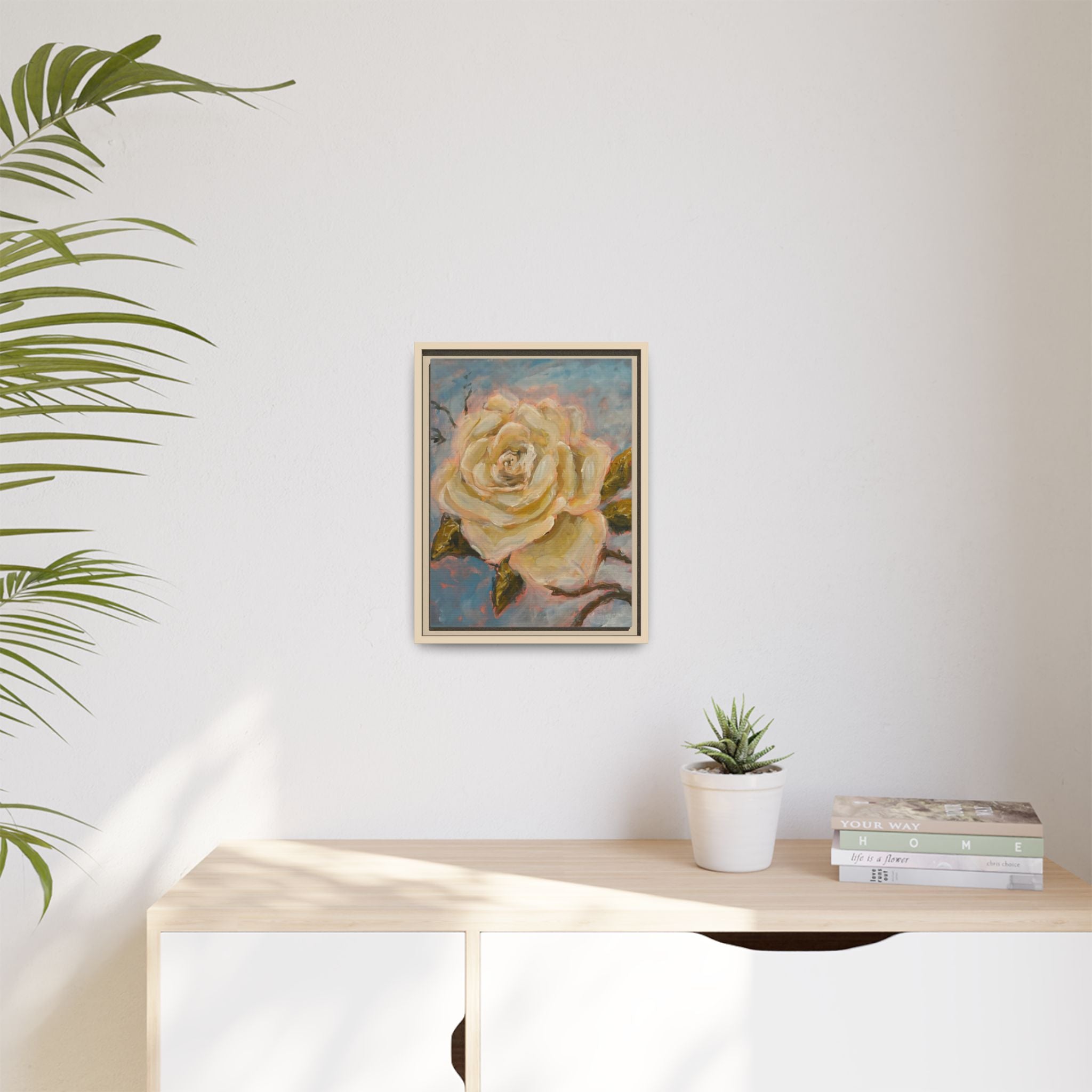 Warm White Rose Framed Matte Canvas - Vintage Rose Floral Wall Art